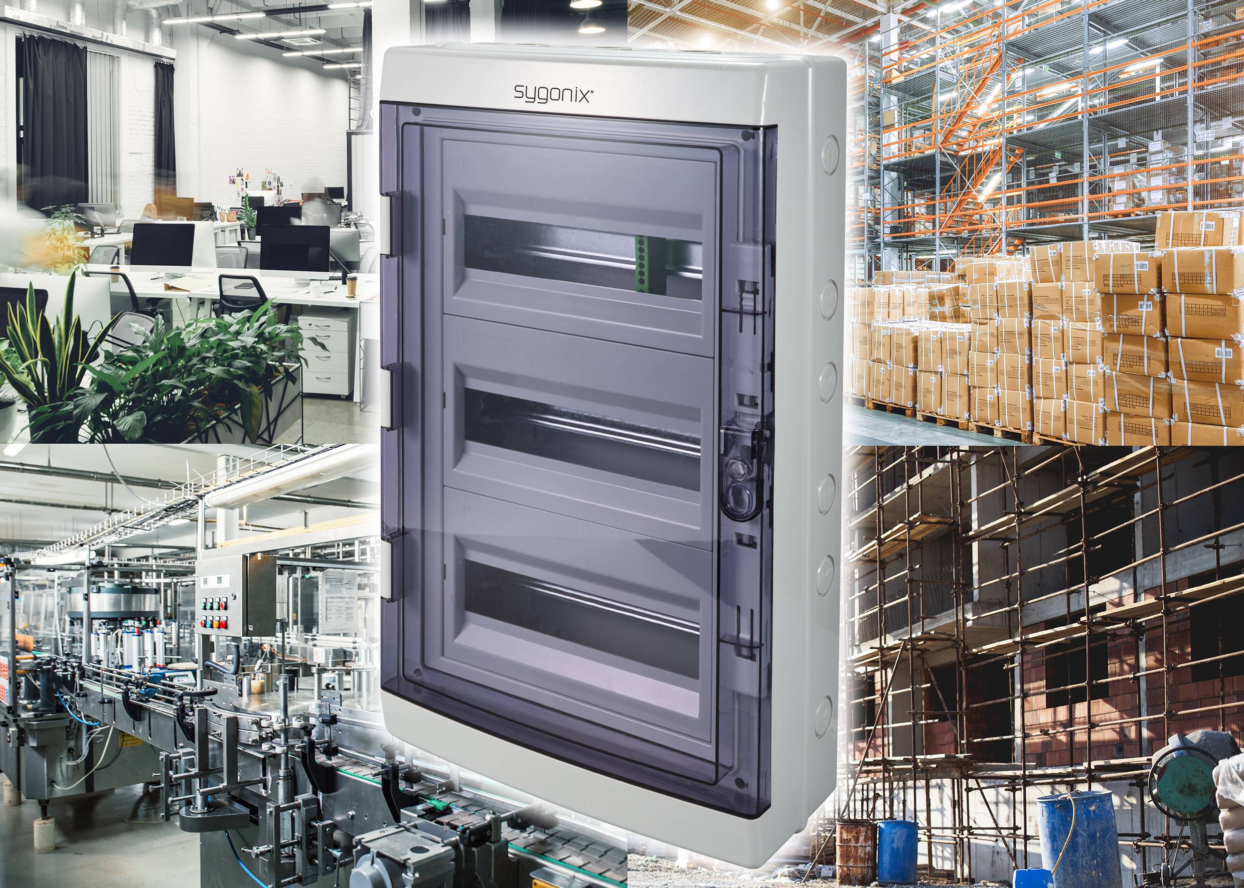 Szafy sterownicze w dużej hali magazynowo-produkcyjnej; przedstawia systematycznie ułożone towary, nowoczesne stanowiska biurowe i linię produkcyjną.