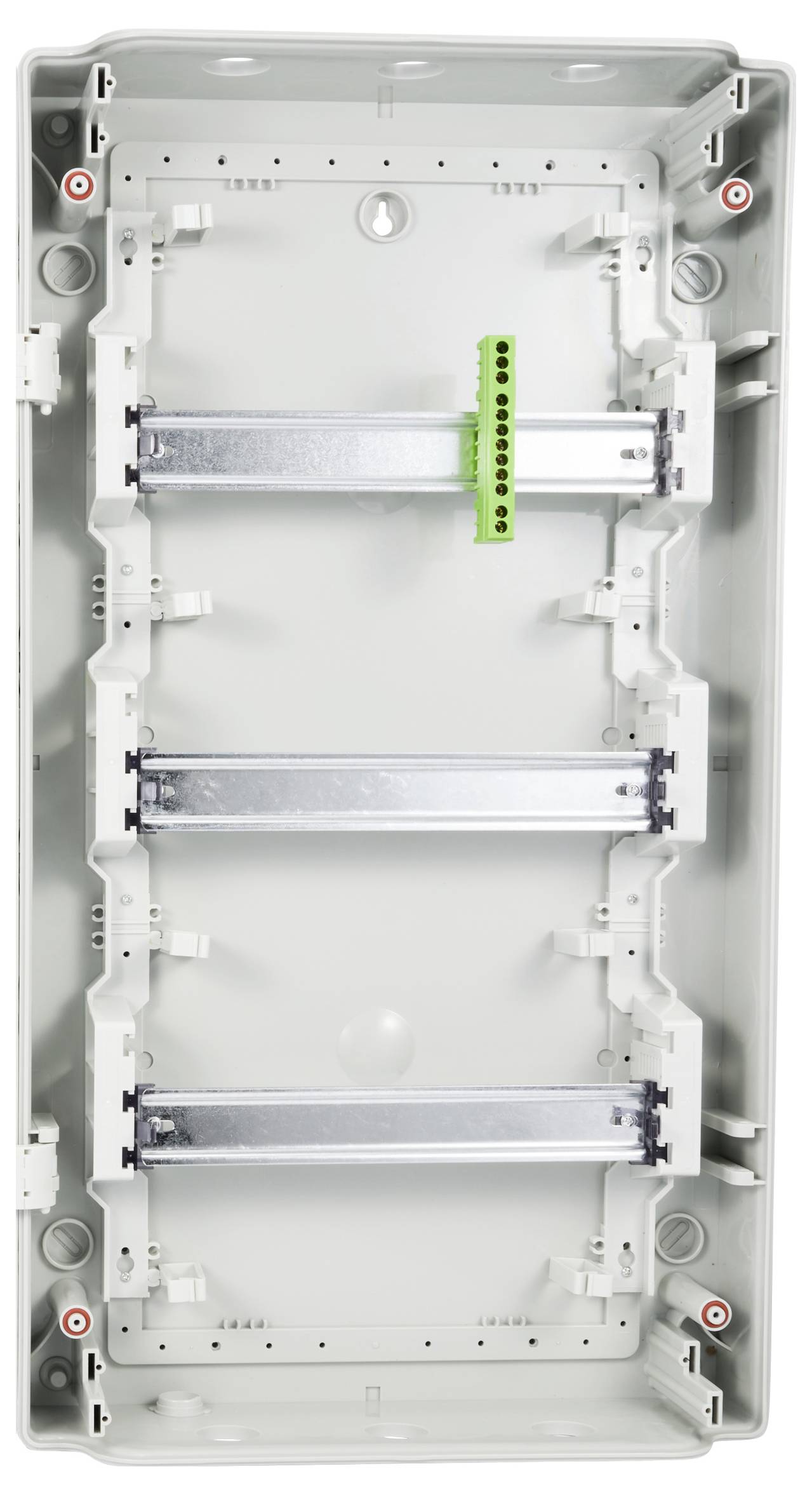 Plastikowa skrzynka przyłączeniowa z szarą obudową. Zawiera szyny metalowe i zieloną listwę przyłączeniową pośrodku.