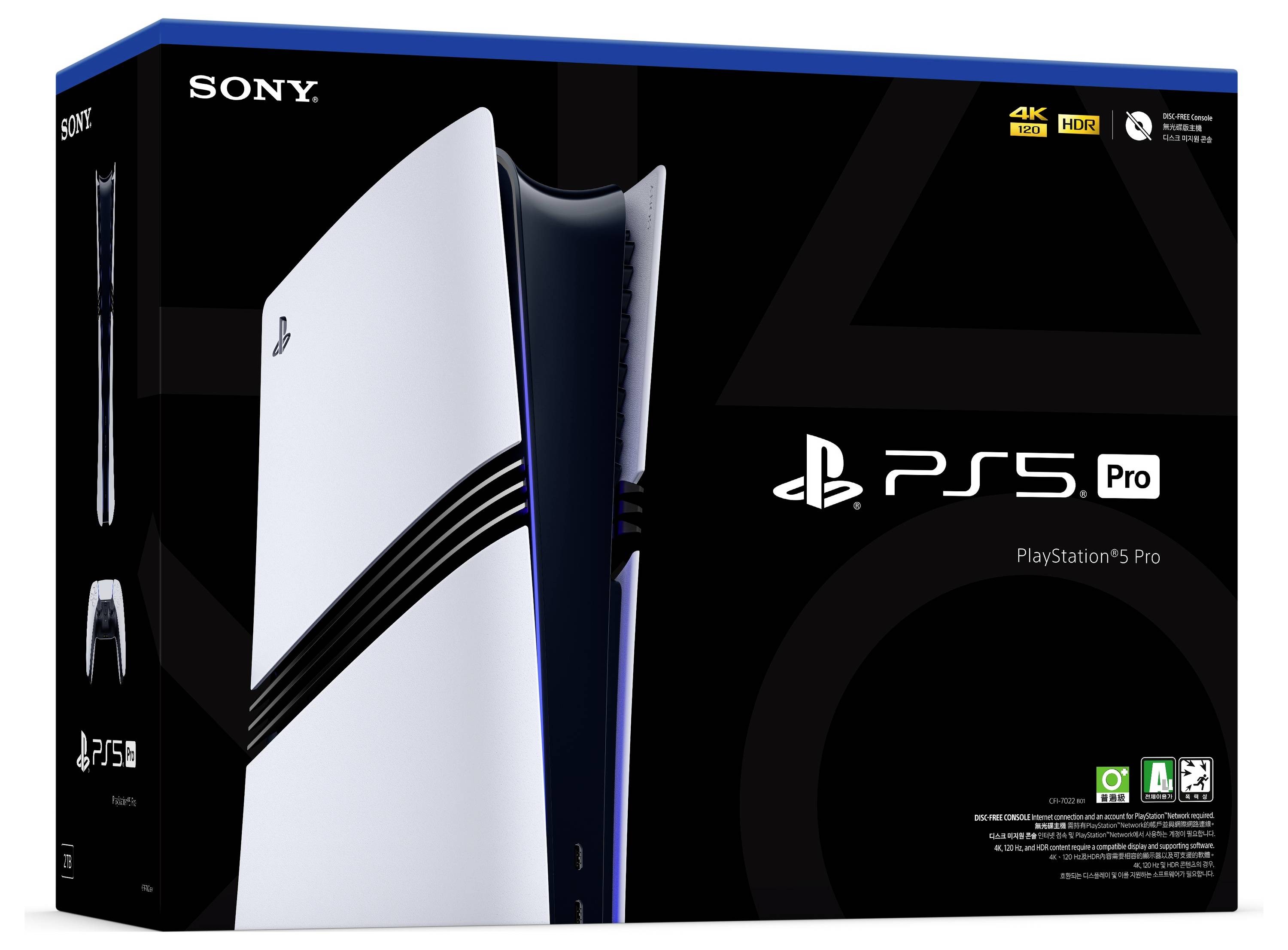 Opakowanie konsoli 'PlayStation 5 Pro' z wizerunkiem urządzenia. W lewym górnym rogu logo Sony. Zawiera symbole 4K HDR oraz SSD.