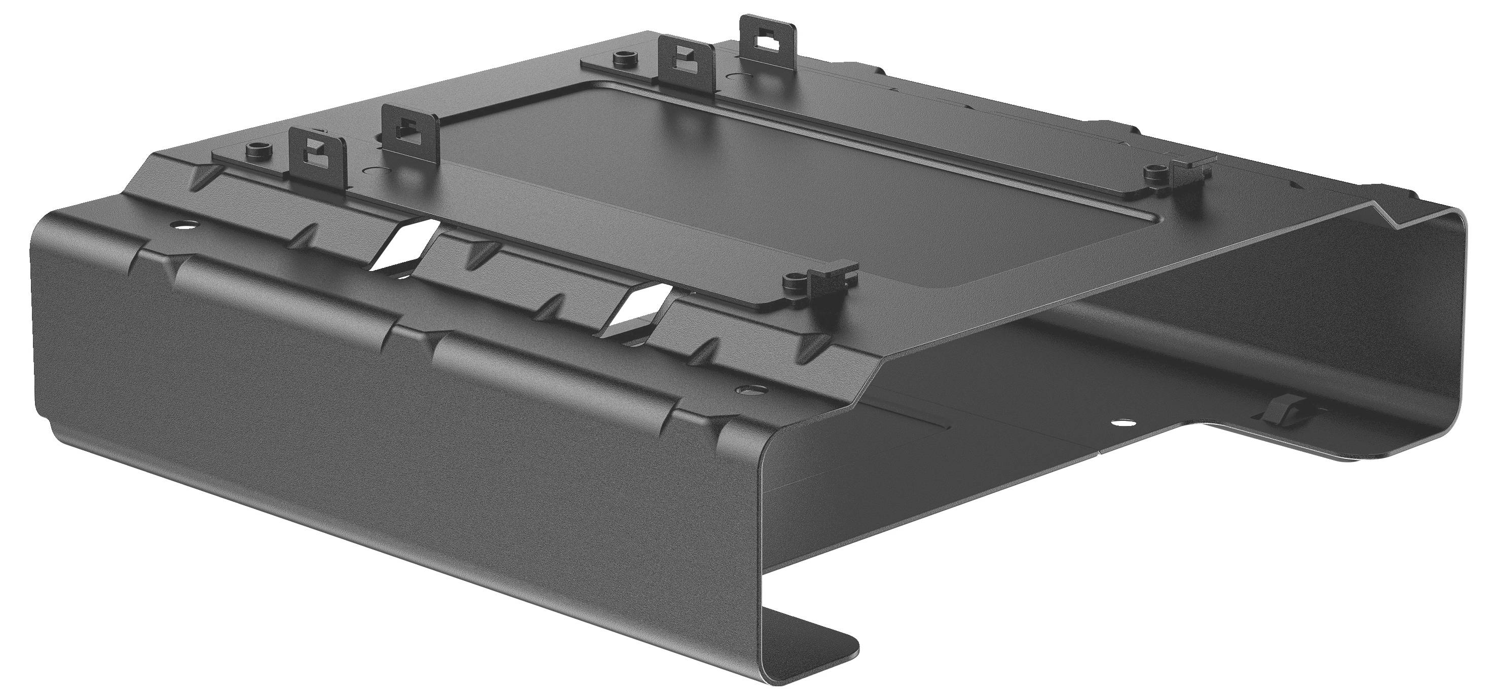 Metalowa konsola montażowa z wieloma punktami mocowania, płaską powierzchnią górną oraz zagiętymi krawędziami, przeznaczona do mocowania urządzeń.