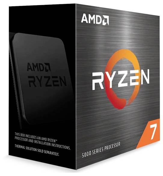 Opakowanie procesora AMD Ryzen 7 z serii 5000 z charakterystycznym logo Ryzen. Nie zawiera radiatora.