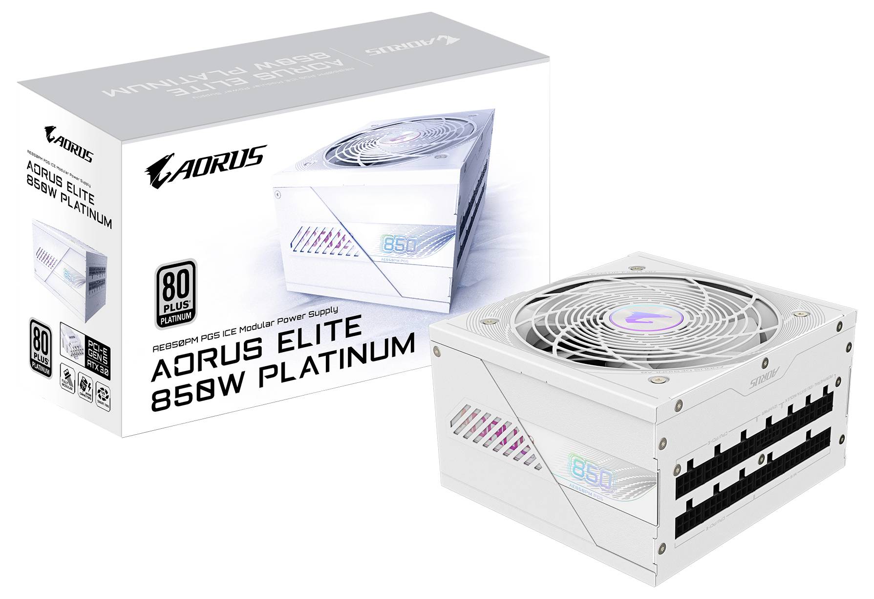 Białe zasilanie komputerowe z napisem 'Aorus Elite 850W Platinum' wraz z jego kartonem o podobnym wzornictwie w tle.