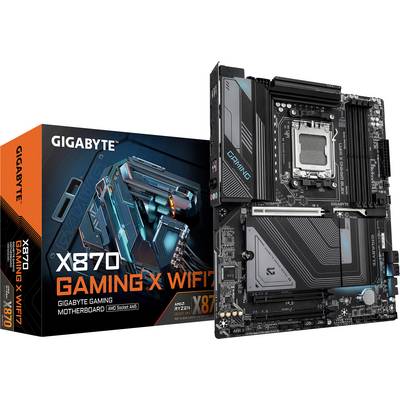 Płyta główna Gigabyte X870 Gaming X WiFi, przeznaczona dla procesorów AMD Ryzen. Wyposażona w sloty PCIe i zaawansowane opcje chłodzenia. Opakowanie w tle.