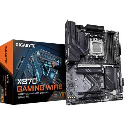 Płyta główna Gigabyte X870 Gaming WiFi6 obok opakowania. Wspiera procesory AMD Ryzen, oferuje zaawansowaną architekturę chłodzenia oraz Wi-Fi 6.