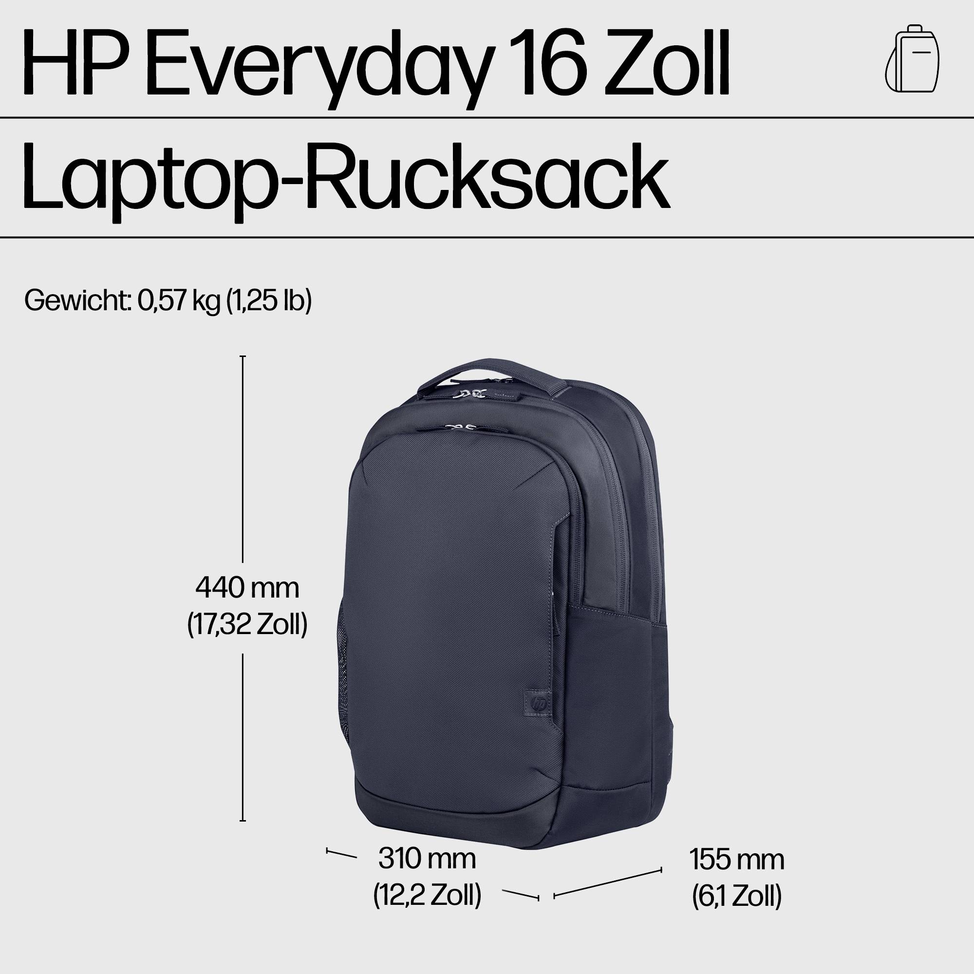 'Plecak na laptopa HP Everyday o przekątnej 16 cali, waga 0,57 kg (1,25 lb), wymiary: 440 mm (17,32 cala) wysokość, 310 mm (12,2 cala) szerokość, 155 mm (6,1 cala) głębokość.'