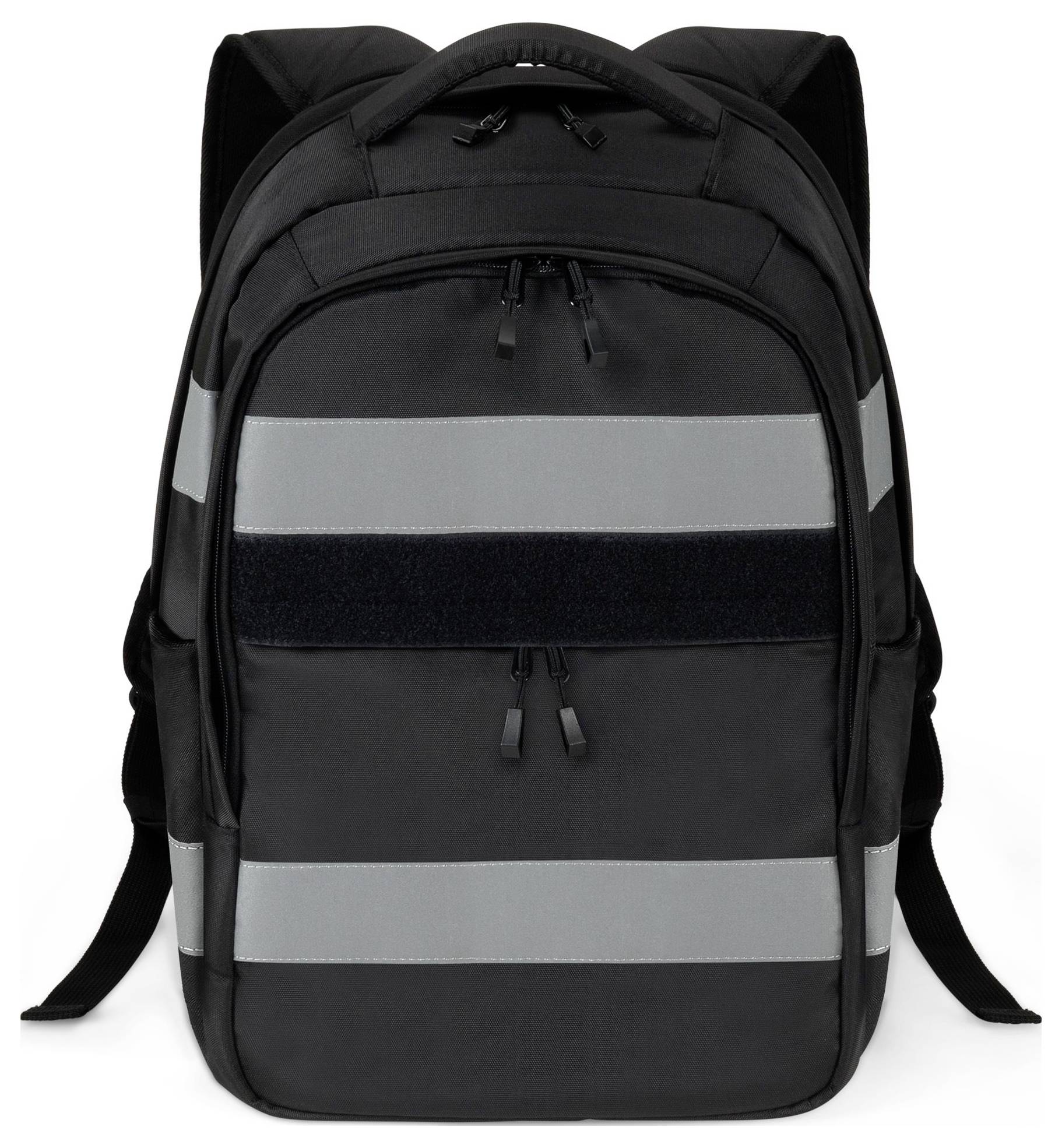 Czarny plecak z szarymi pasami odblaskowymi i wieloma komorami; idealny do codziennego użytku lub podróży.