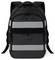 Czarny plecak z szarymi pasami odblaskowymi i wieloma komorami; idealny do codziennego użytku lub podróży.