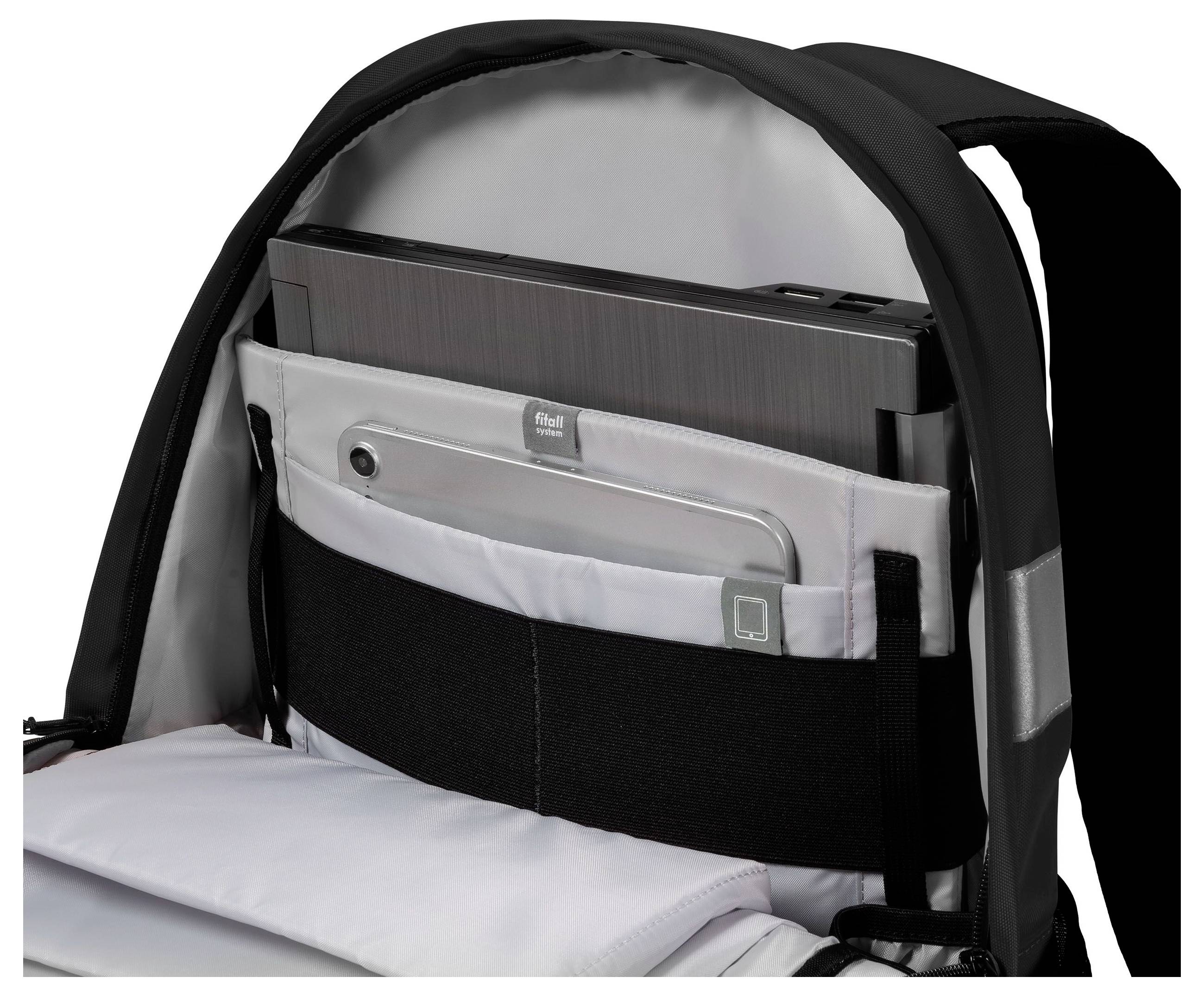 Otwarty plecak z laptopem i tabletem w środku. Laptop umieszczony jest w wyściełanej kieszeni.