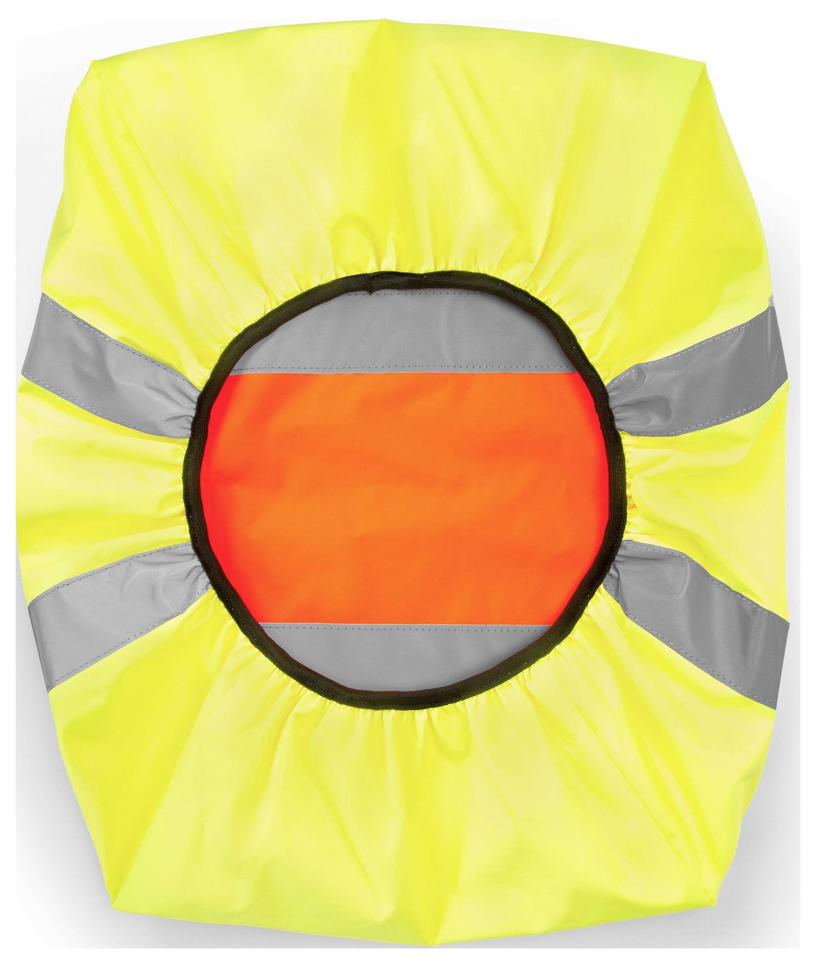 Jaskrawo żółta przeciwdeszczowa kurtka z elementami odblaskowymi, zapewniająca lepszą ochronę i widoczność podczas niesprzyjających warunków pogodowych.