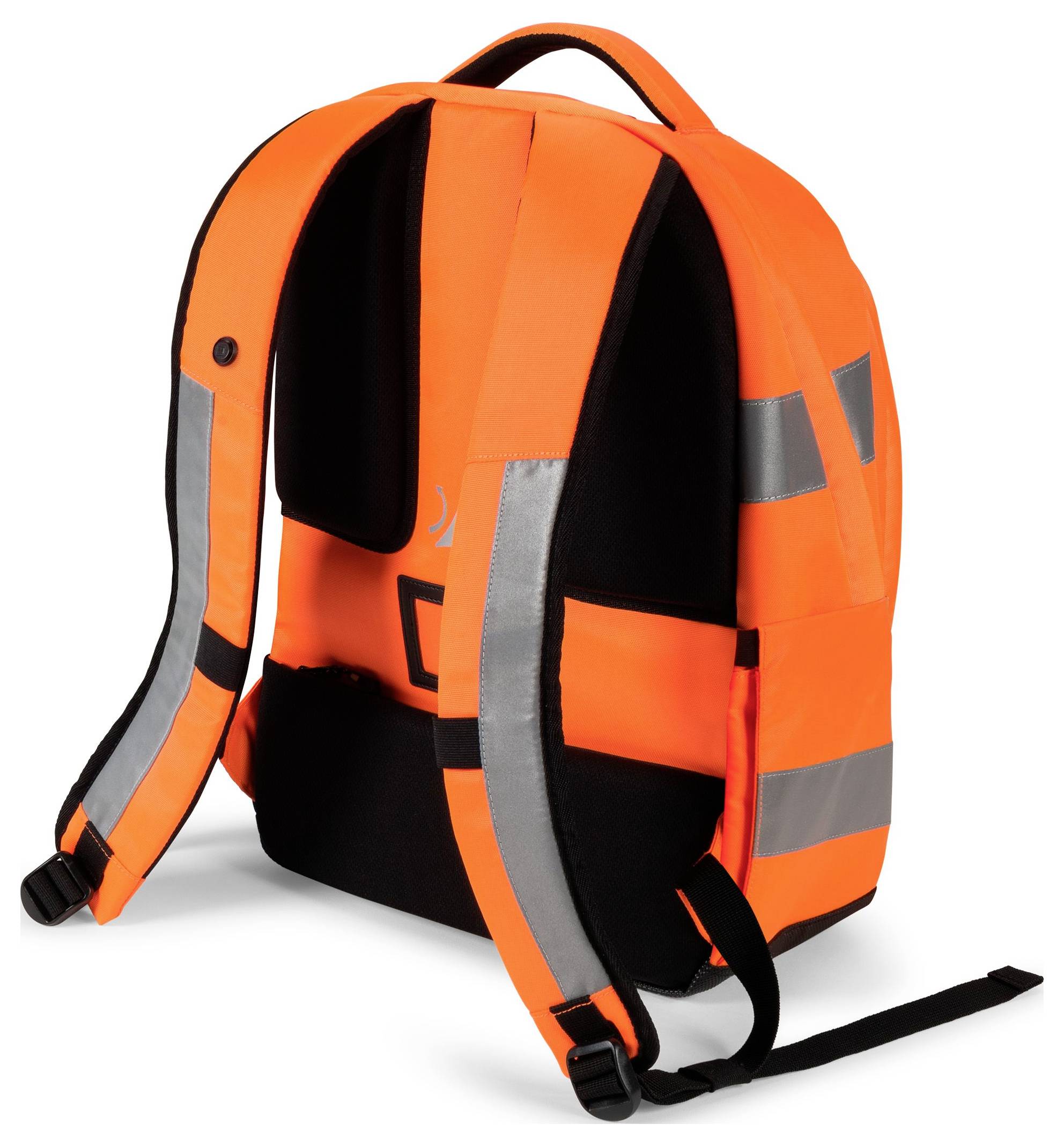Świecący pomarańczowy plecak z odblaskowymi pasami i czarnymi elementami, idealny do zwiększenia widoczności po zmroku.