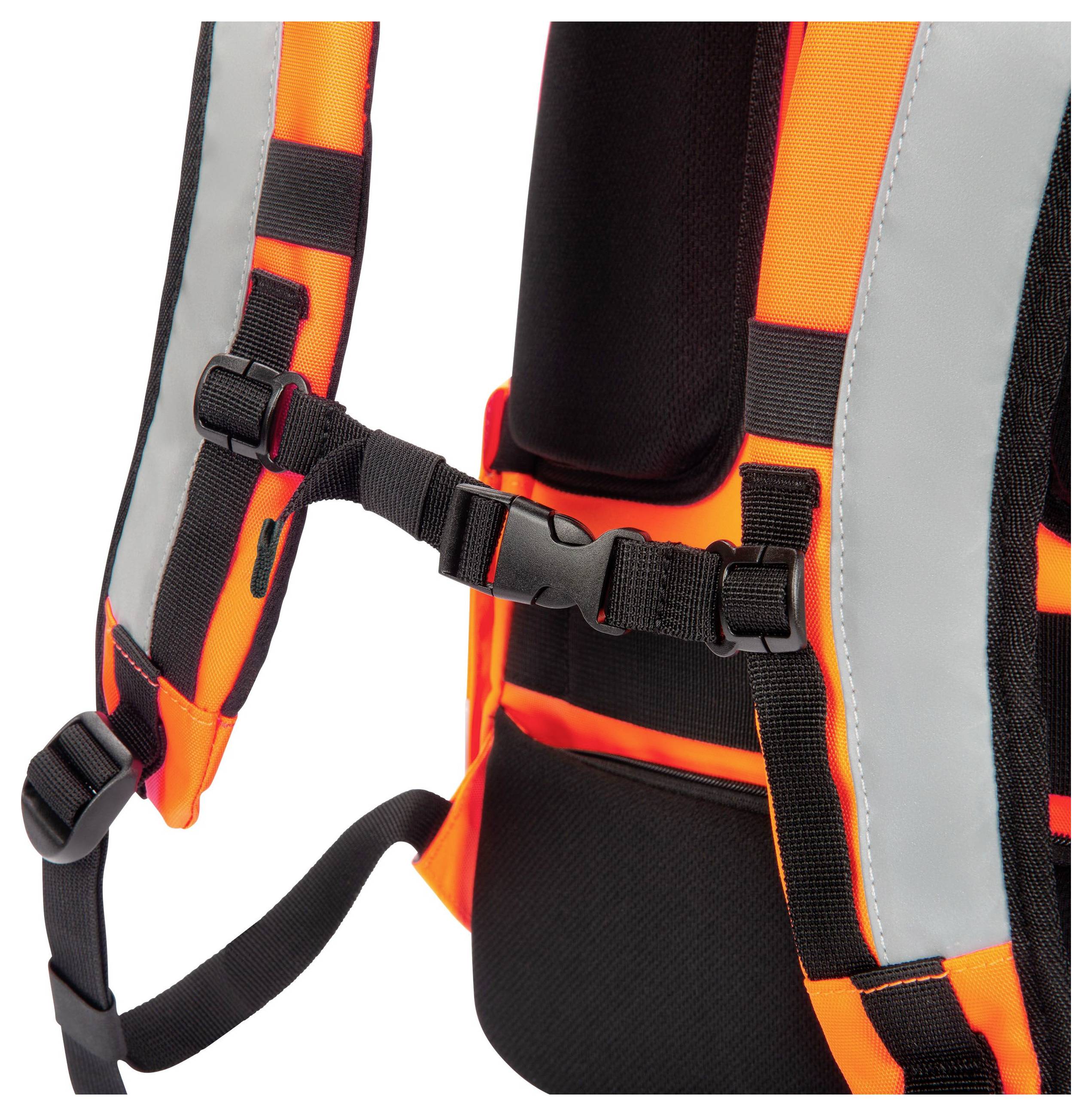 Pomarańczowy plecak z odblaskowymi pasami i regulowanymi paskami, zaprojektowany dla lepszej widoczności po zmroku.