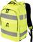 Świecący żółty plecak z odblaskowymi pasami i czarnymi zamkami, zaprojektowany z myślą o widoczności i bezpieczeństwie.