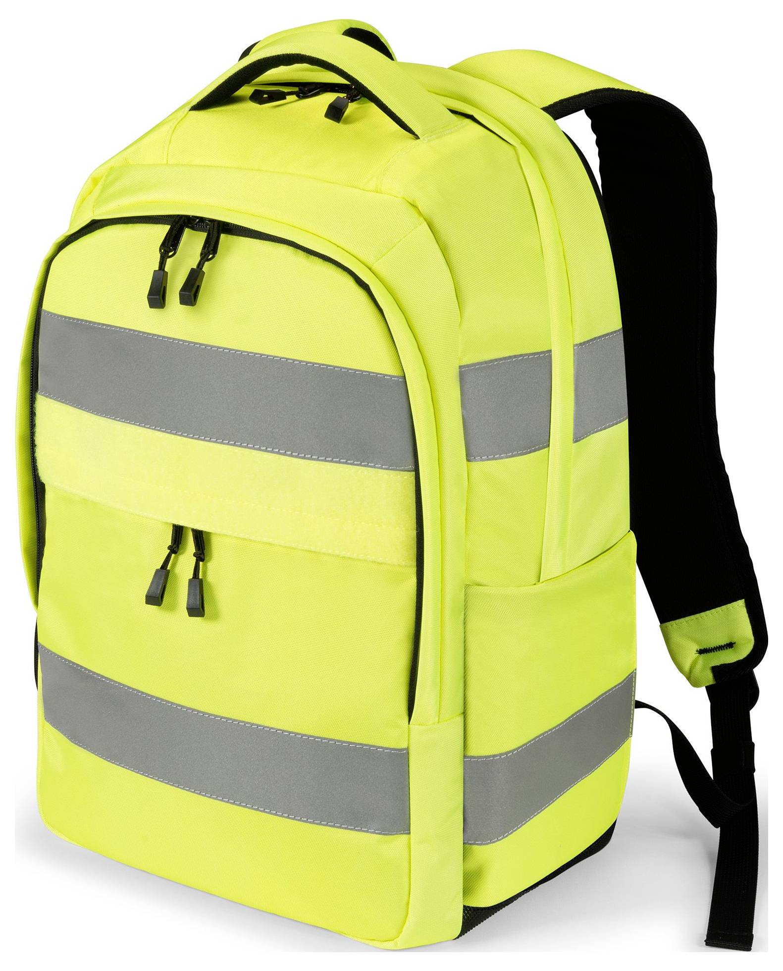 Żółty plecak z odblaskowymi pasami zwiększającymi widoczność, odpowiedni do użycia w ruchu drogowym.