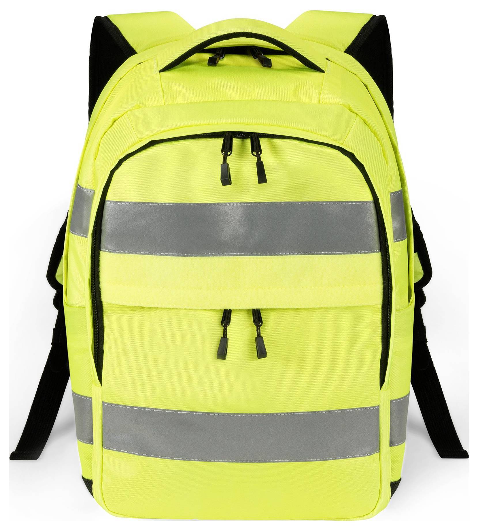 Jaskrawo żółty plecak z odblaskowymi paskami, idealny do zapewnienia wysokiej widoczności w ciemnych warunkach.