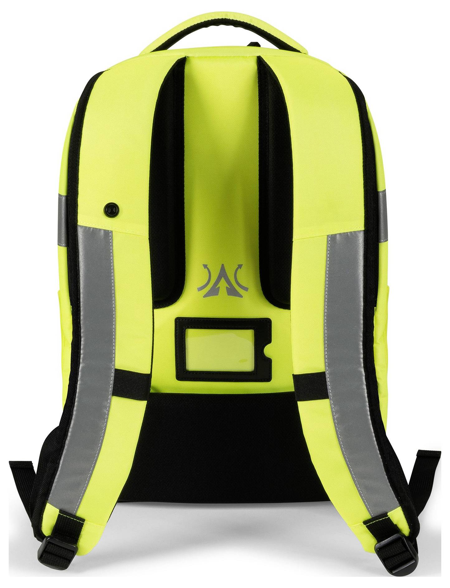 Żółty plecak z odblaskowymi paskami i wyścielonymi szelkami, widziany z tyłu. Idealny pod względem bezpieczeństwa i komfortu.