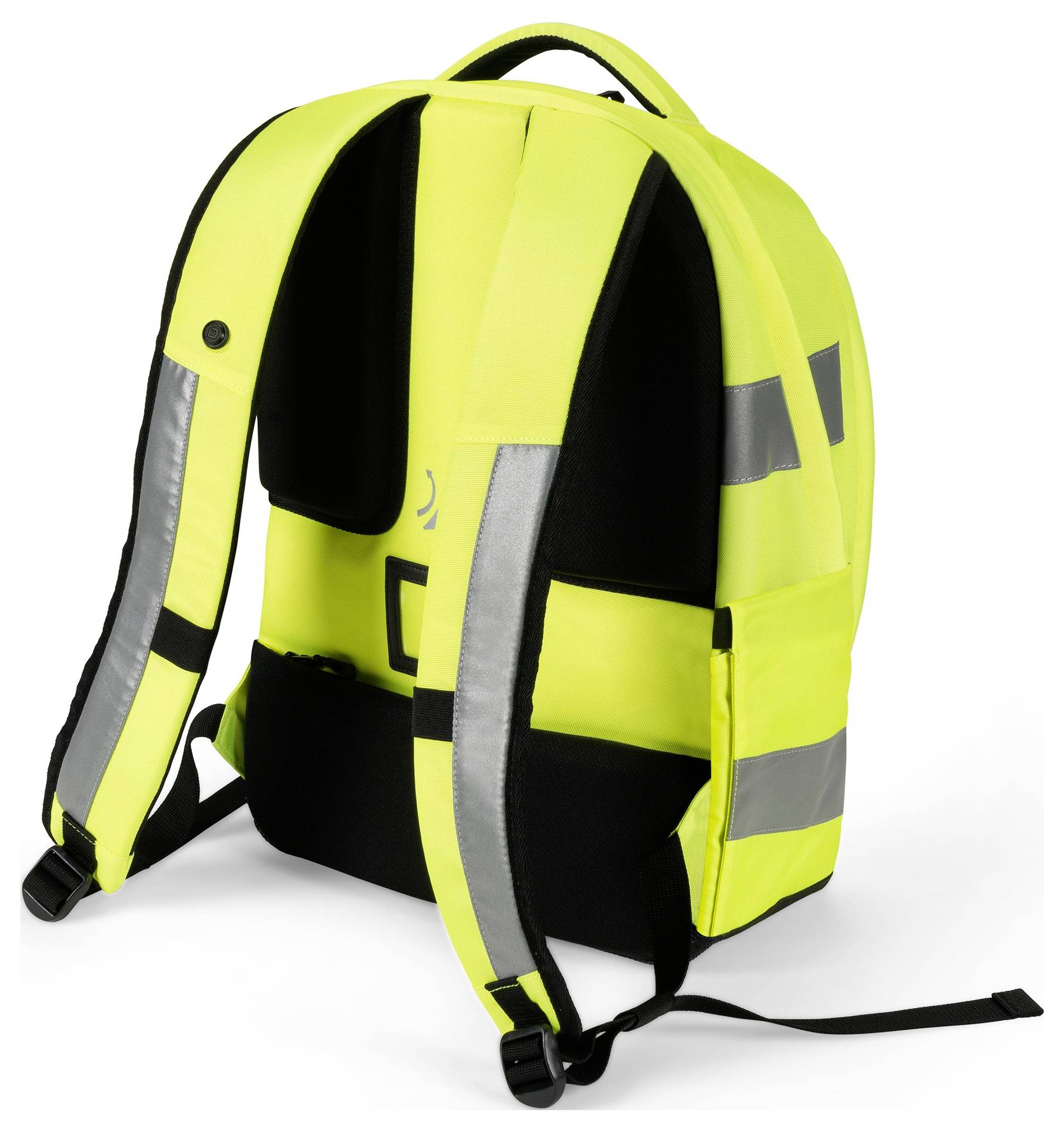 Żółty plecak z odblaskowymi pasami i regulowanymi paskami. Idealny dla bezpieczeństwa w ruchu drogowym.