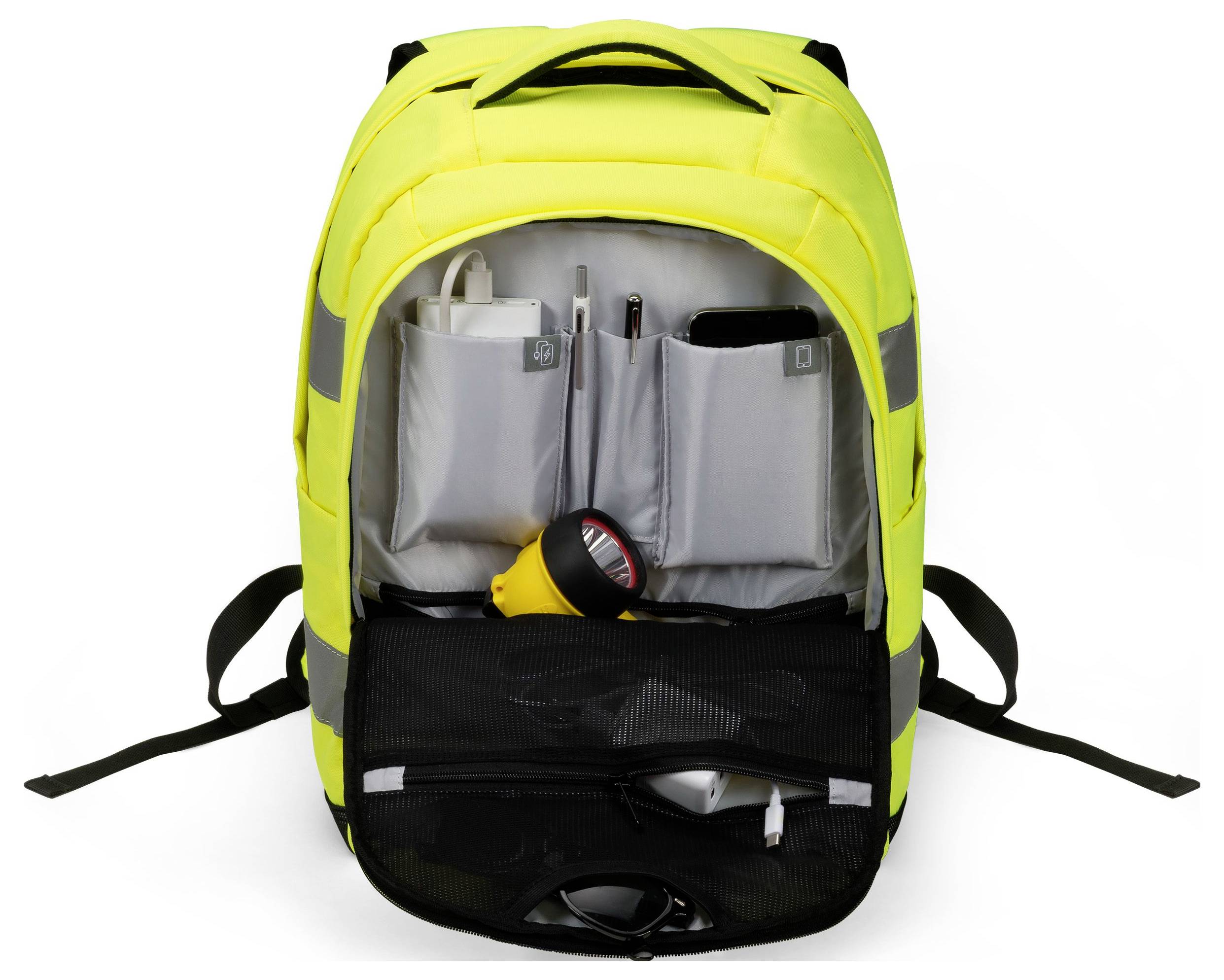 Żółty plecak z otwartą kieszenią przednią przedstawia kieszenie z długopisami i latarką. Tylna strona odbija światło. Idealny do bezpieczeństwa pracy.