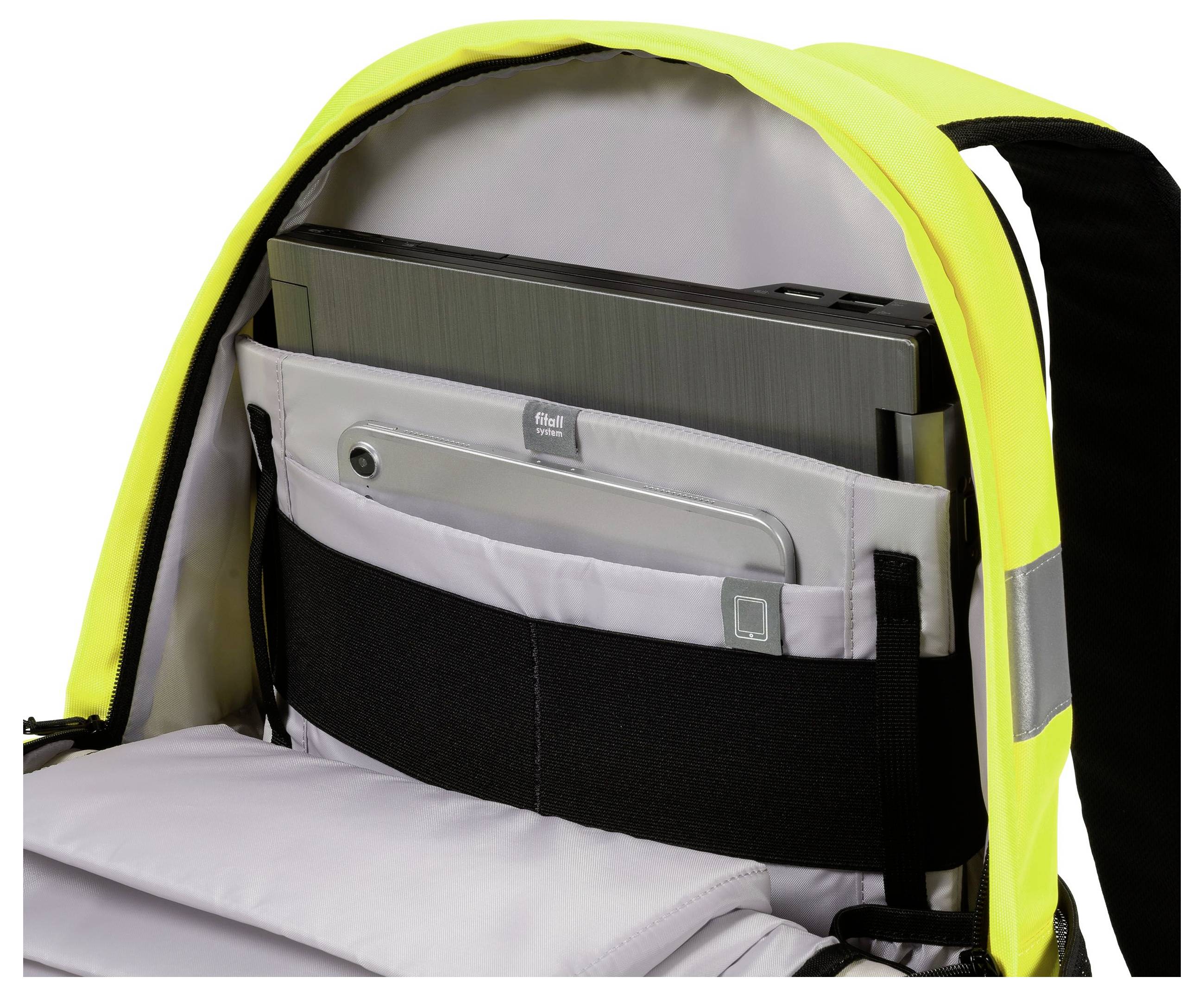 Plecak z otwartą kieszenią w neonowożółtym kolorze prezentuje laptopa i tablet, które są bezpiecznie przechowywane w oddzielnych przegródkach.