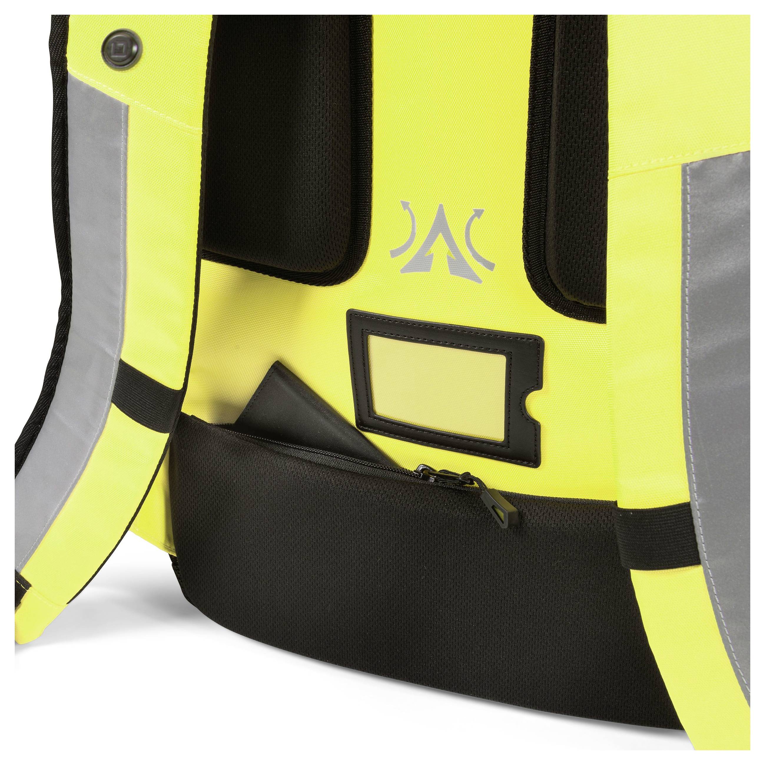 Żółty plecak z odblaskowymi paskami i czarnymi elementami. Posiada małą kieszeń na butelkę.