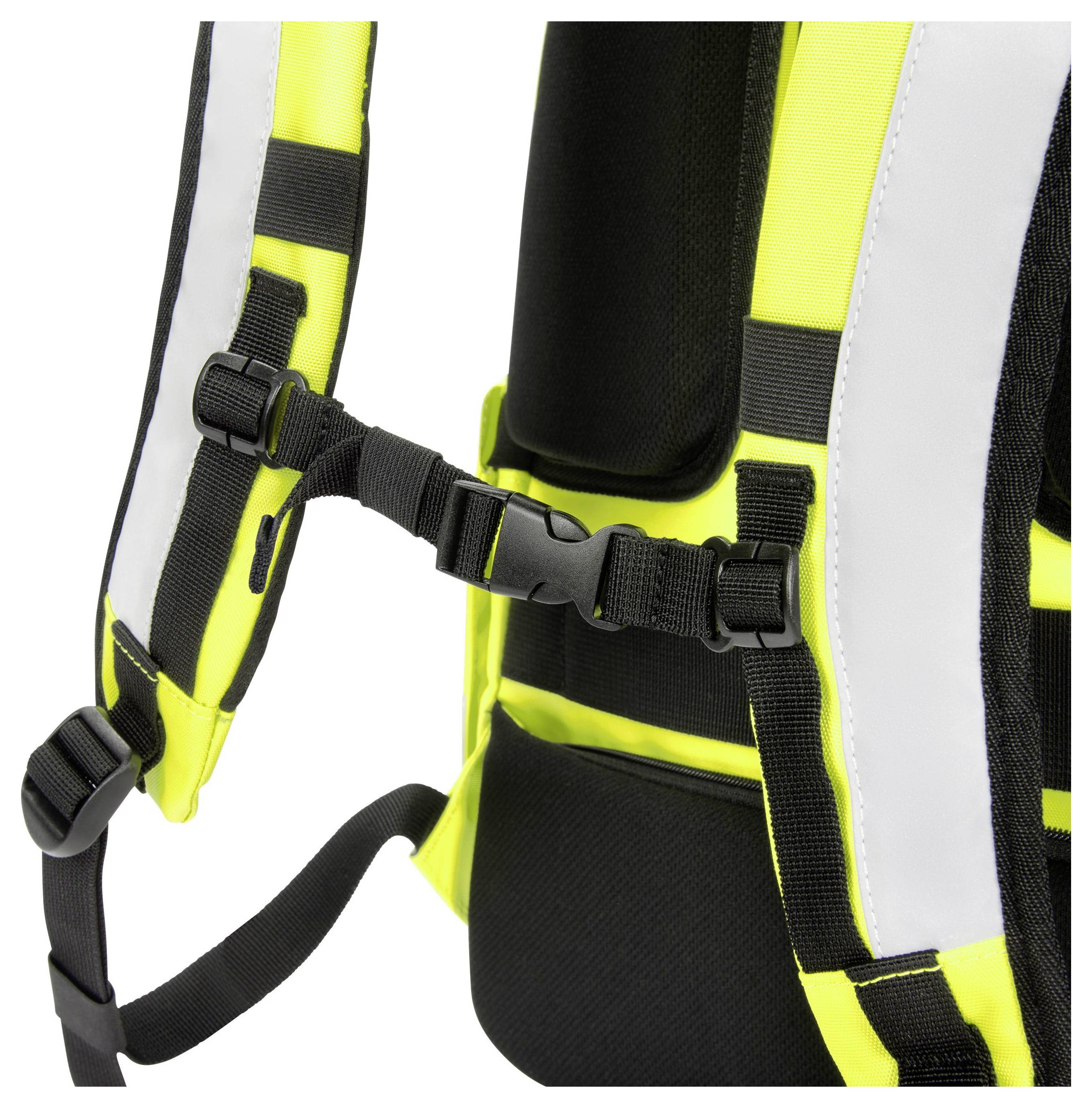 Żółto-czarny plecak szkolny z odblaskowymi pasami i regulowanym pasem piersiowym, ze szczególnym uwzględnieniem szczegółów paska.