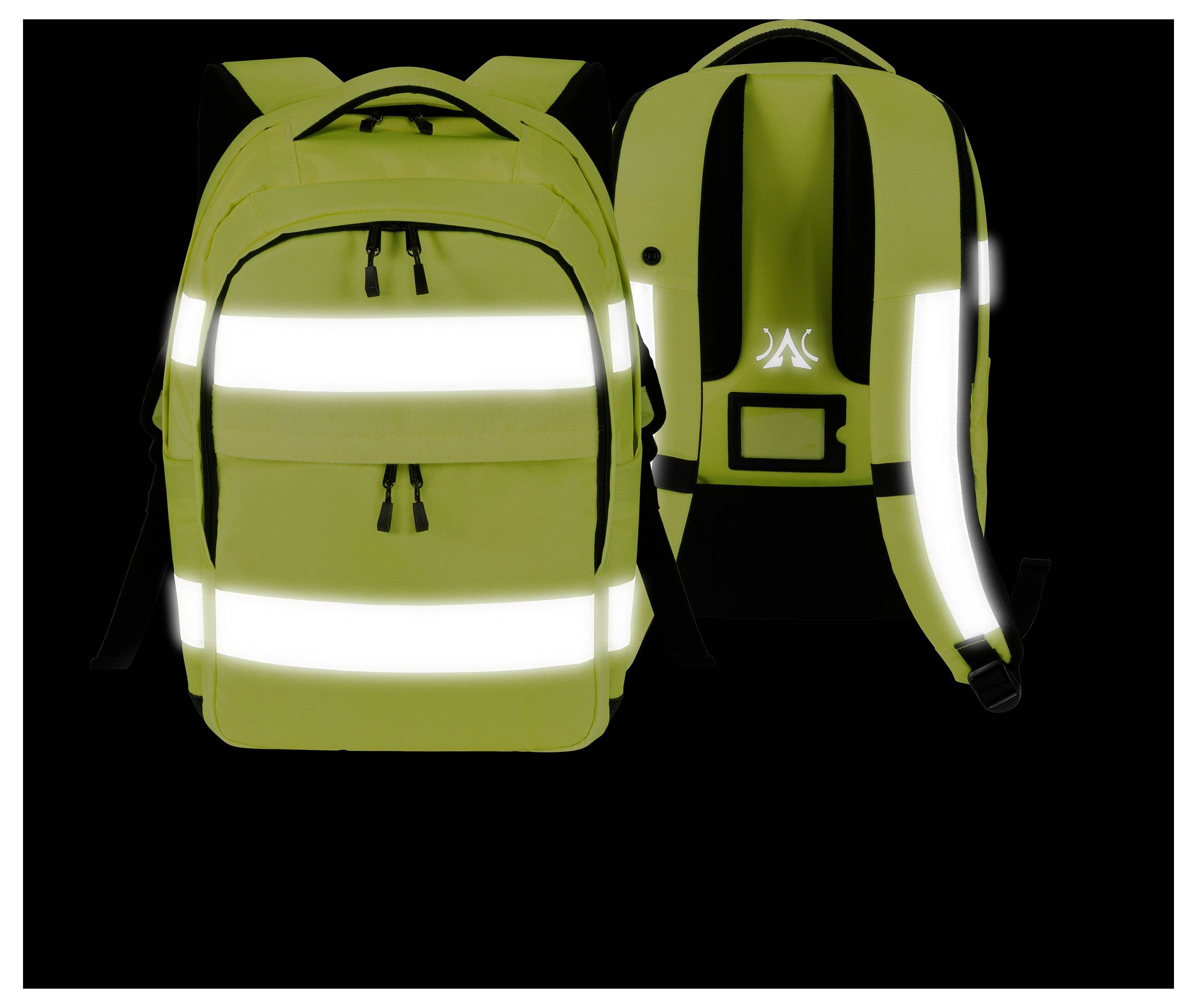 Dwa żółte plecaki na czarnym tle, z odblaskowymi paskami. Po lewej: widok z przodu. Po prawej: widok z tyłu.