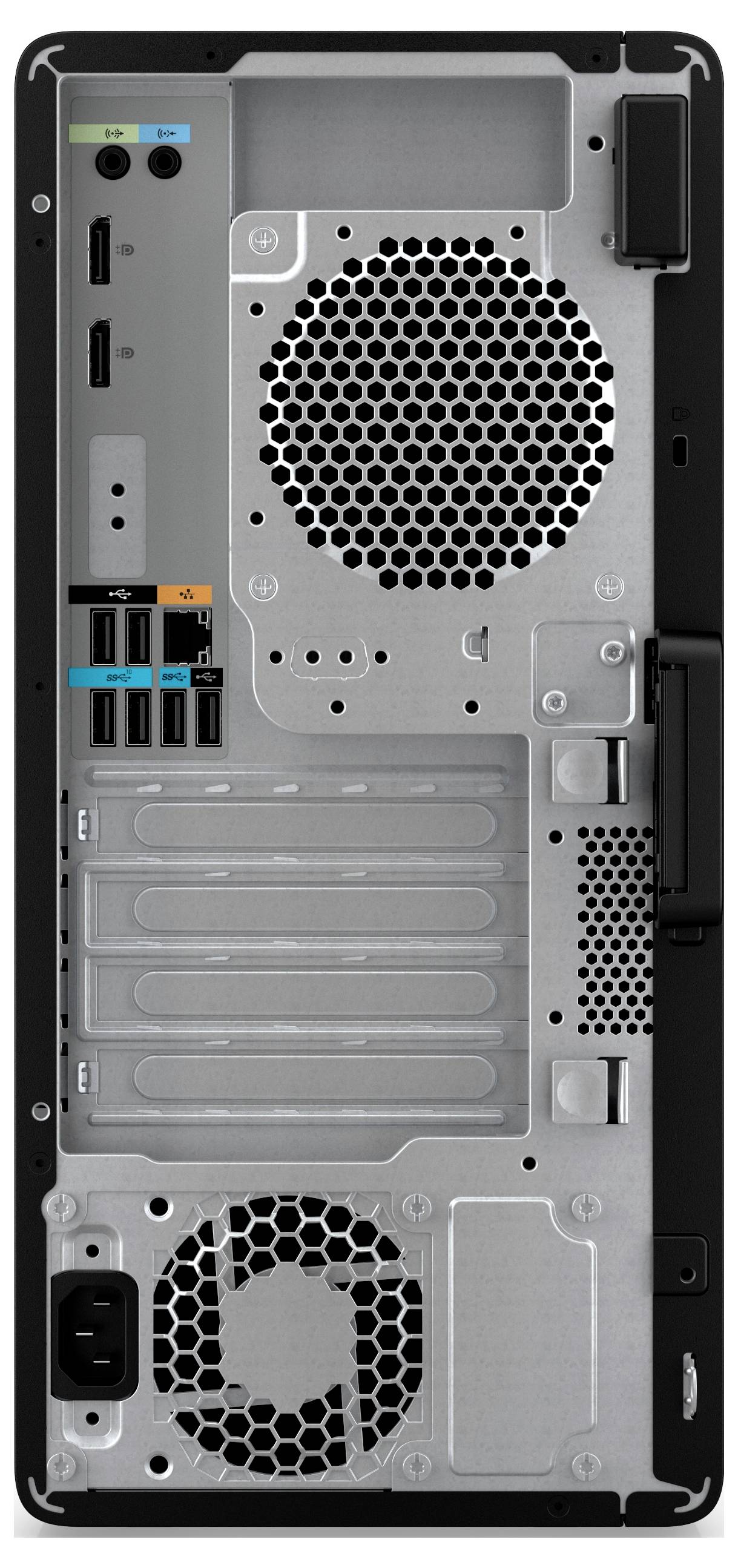 Tylna strona obudowy komputera z wentylatorami i różnymi złączami. Górna część przedstawia kratki wentylacyjne, dolna część posiada złącze zasilania.