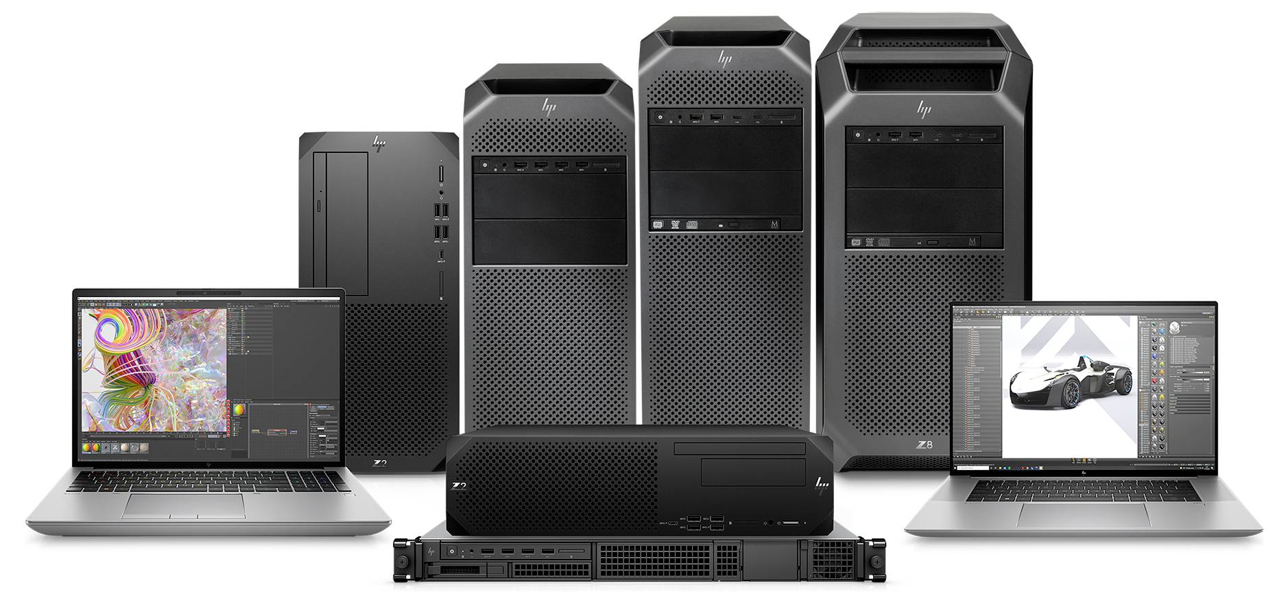 Kilka stacji roboczych i laptopów z otwartymi aplikacjami do prac kreatywnych, ułożonych obok siebie w rzędzie.