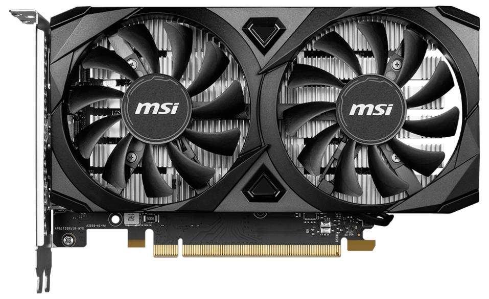 Czarna karta graficzna z dwoma dużymi wentylatorami, na których widnieje napis 'msi'. Posiada złocony złącz.