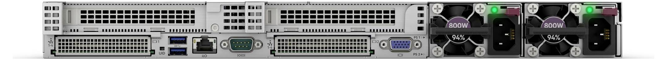 Widok z tyłu serwera komputerowego z wentylatorami, złączami sieciowymi, portami USB i VGA.