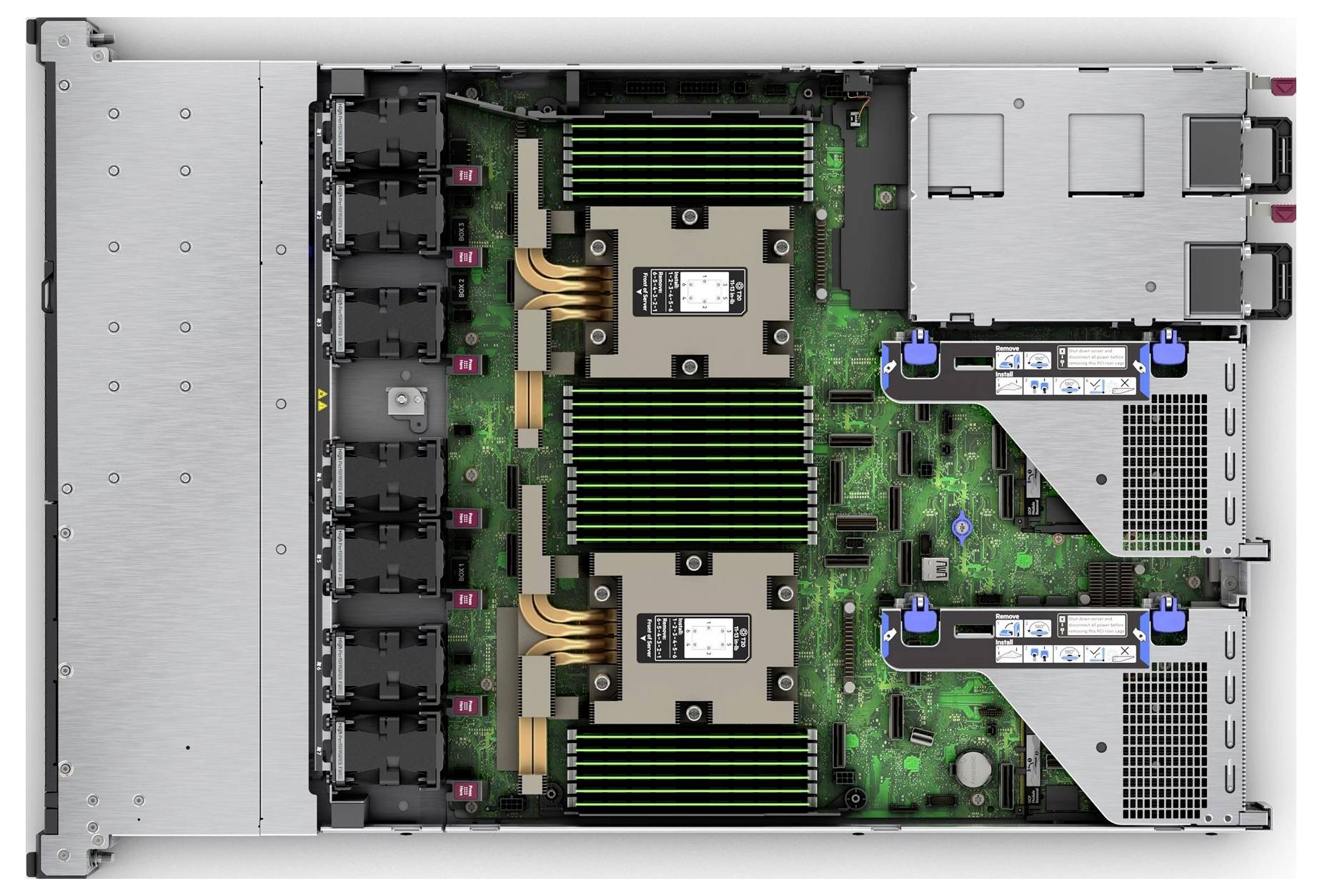 Serwer z odkrytą obudową prezentuje dwa duże radiatory, kilka slotów oraz płyty główne z komponentami elektronicznymi.