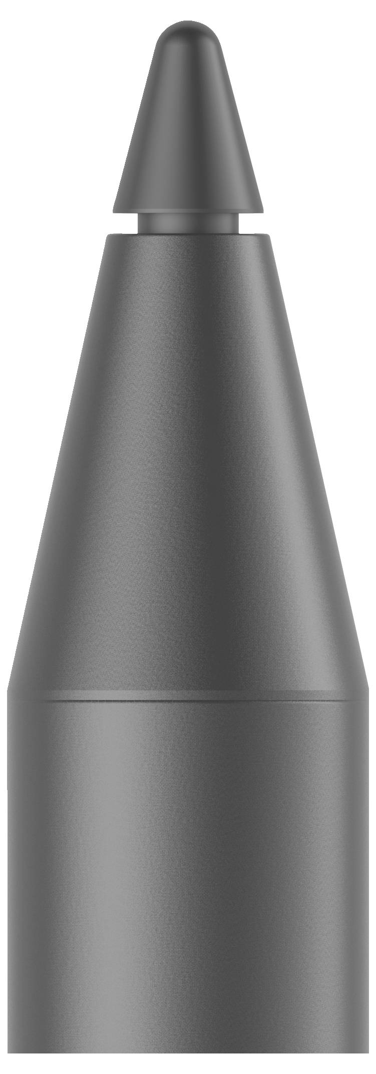 Zbliżenie metalowego czubka pióra, prawdopodobnie cyfrowego urządzenia wejściowego, o gładkiej, stożkowatej formie.