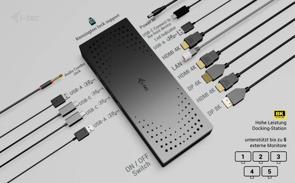 Czarna stacja dokująca z zamkiem Kensington i wieloma portami: HDMI, DP, USB-C i inne. Obsługuje do 5 zewnętrznych monitorów w rozdzielczości 8K.