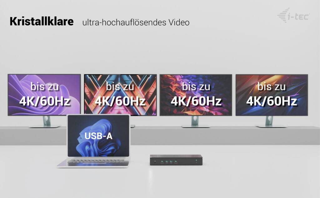 Cztery monitory wyświetlają 'do 4K/60Hz' z laptopem pokazującym 'USB-A'. Urządzenia prezentują wideo w ultra wysokiej rozdzielczości.