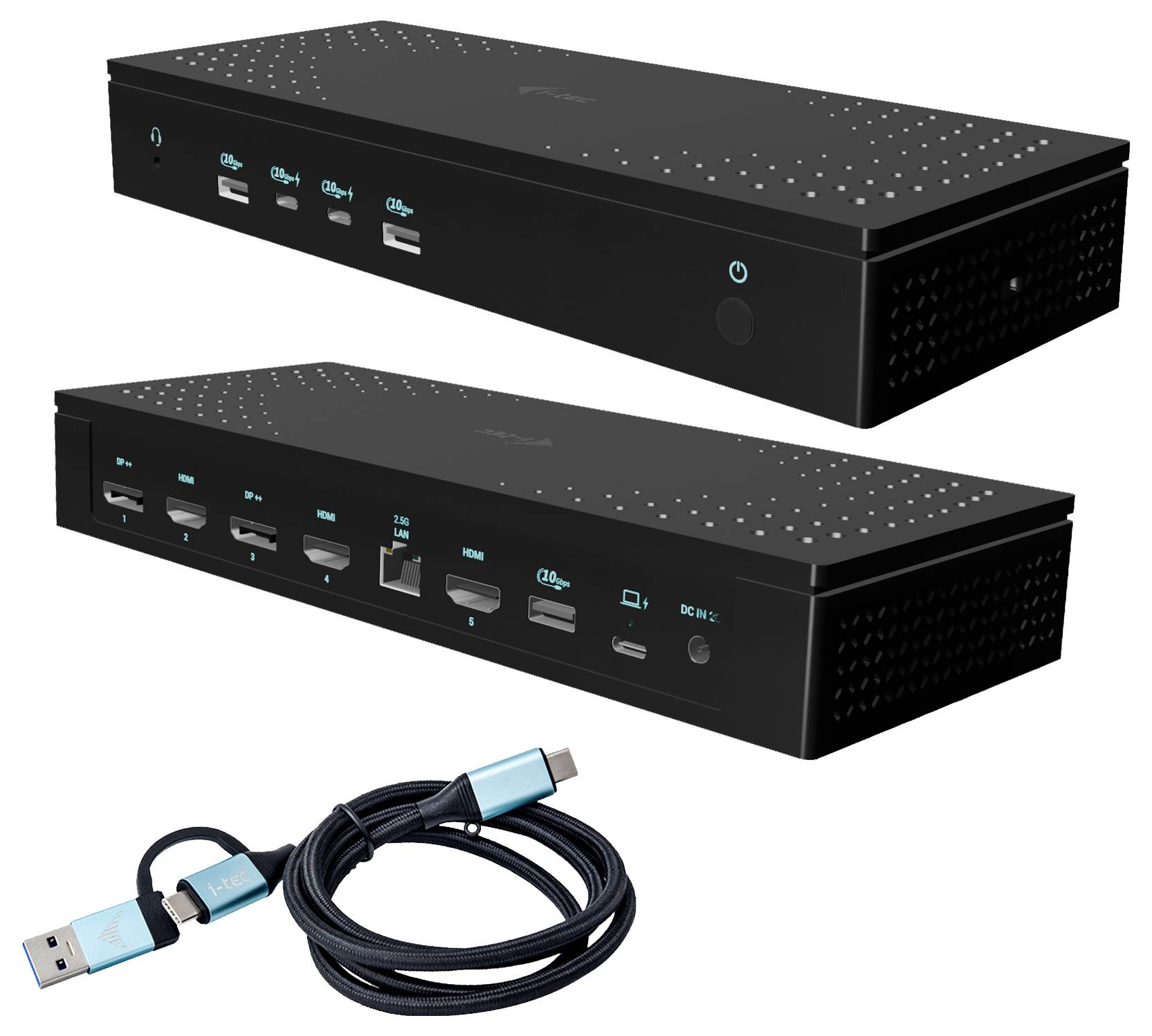 Dwa czarne urządzenia elektroniczne z gniazdami USB i kabel USB. Urządzenia posiadają wiele złączy do różnych podłączeń.