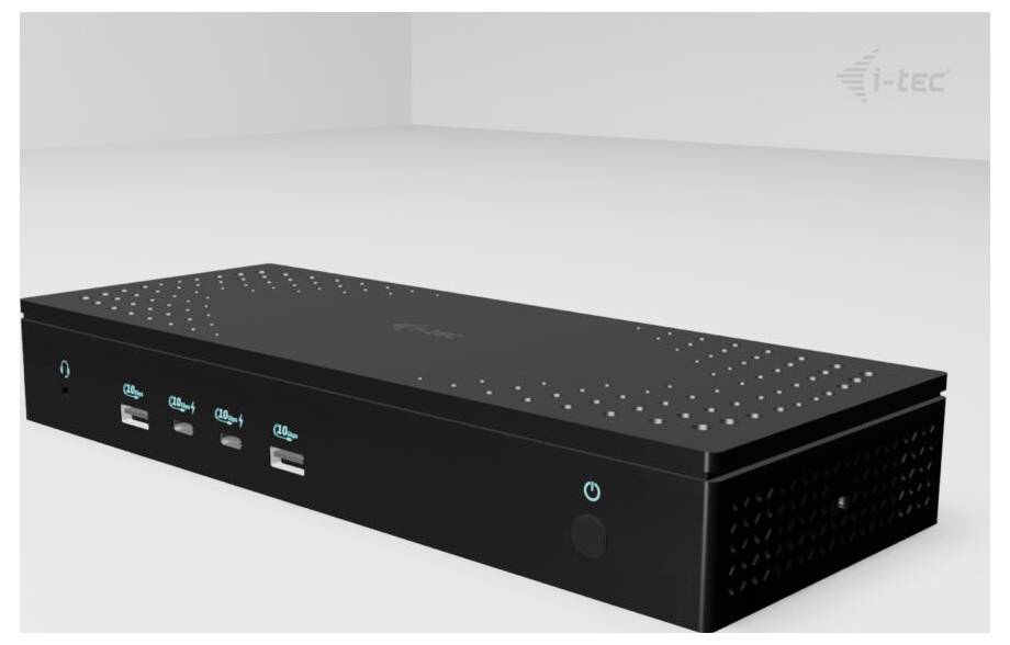 Czarna stacja dokująca z wieloma portami USB, dwoma portami Ethernet oraz włącznikiem zasilania. Oznaczenie: 'i-tec'.