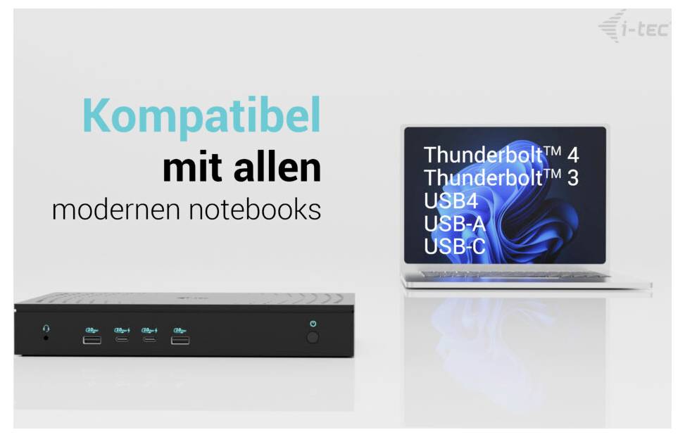 Stacja dokująca obok laptopa. Tekst: 'Kompatybilna ze wszystkimi nowoczesnymi notebookami'. Laptop wyświetla 'Thunderbolt™ 4, Thunderbolt™ 3, USB4, USB-A, USB-C'.