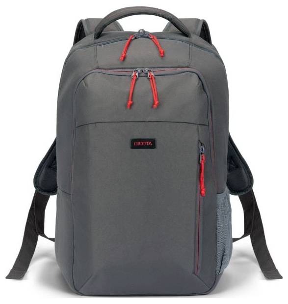 Szary plecak z czerwonym zamkiem błyskawicznym, wieloma komorami i boczną kieszenią siatkową, idealny do przewożenia laptopów i akcesoriów.