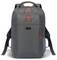 Szary plecak z czerwonym zamkiem błyskawicznym, wieloma komorami i boczną kieszenią siatkową, idealny do przewożenia laptopów i akcesoriów.