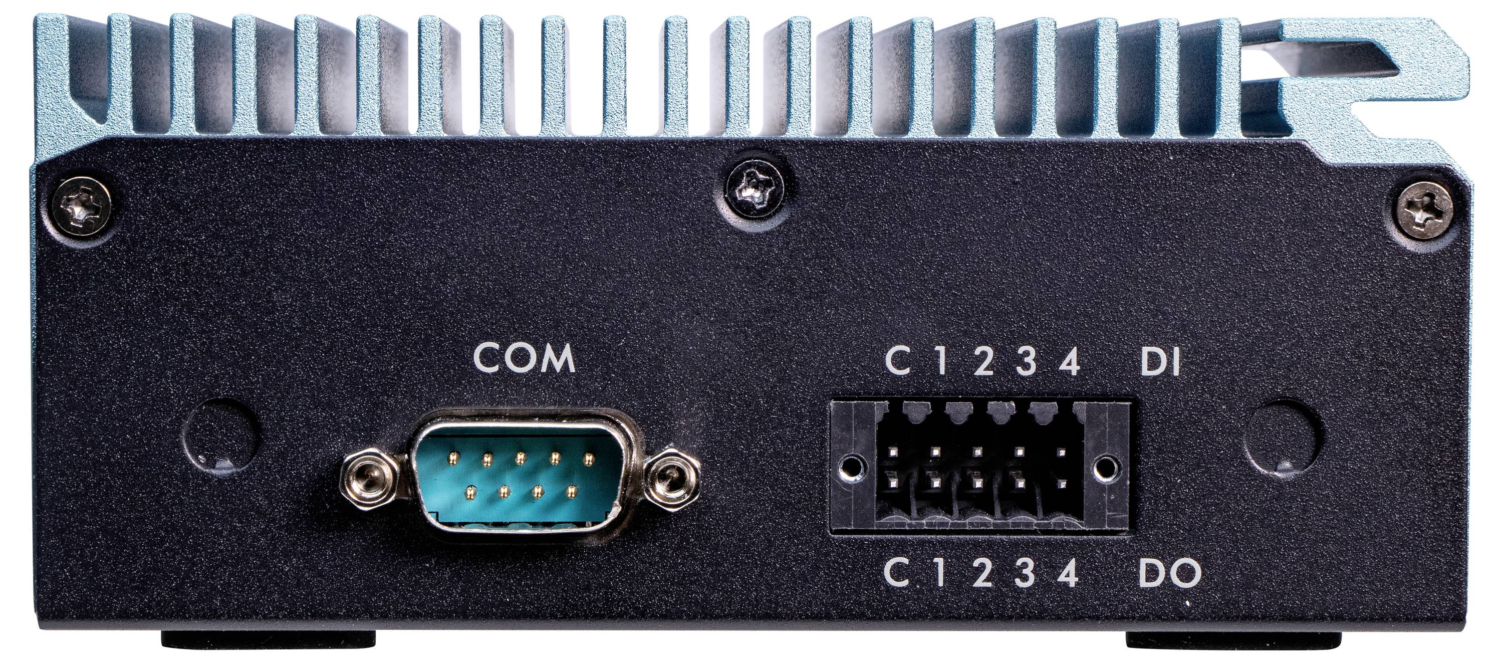 Tylna strona urządzenia elektronicznego z portem COM i wieloma gniazdami PIN do podłączeń zewnętrznych.