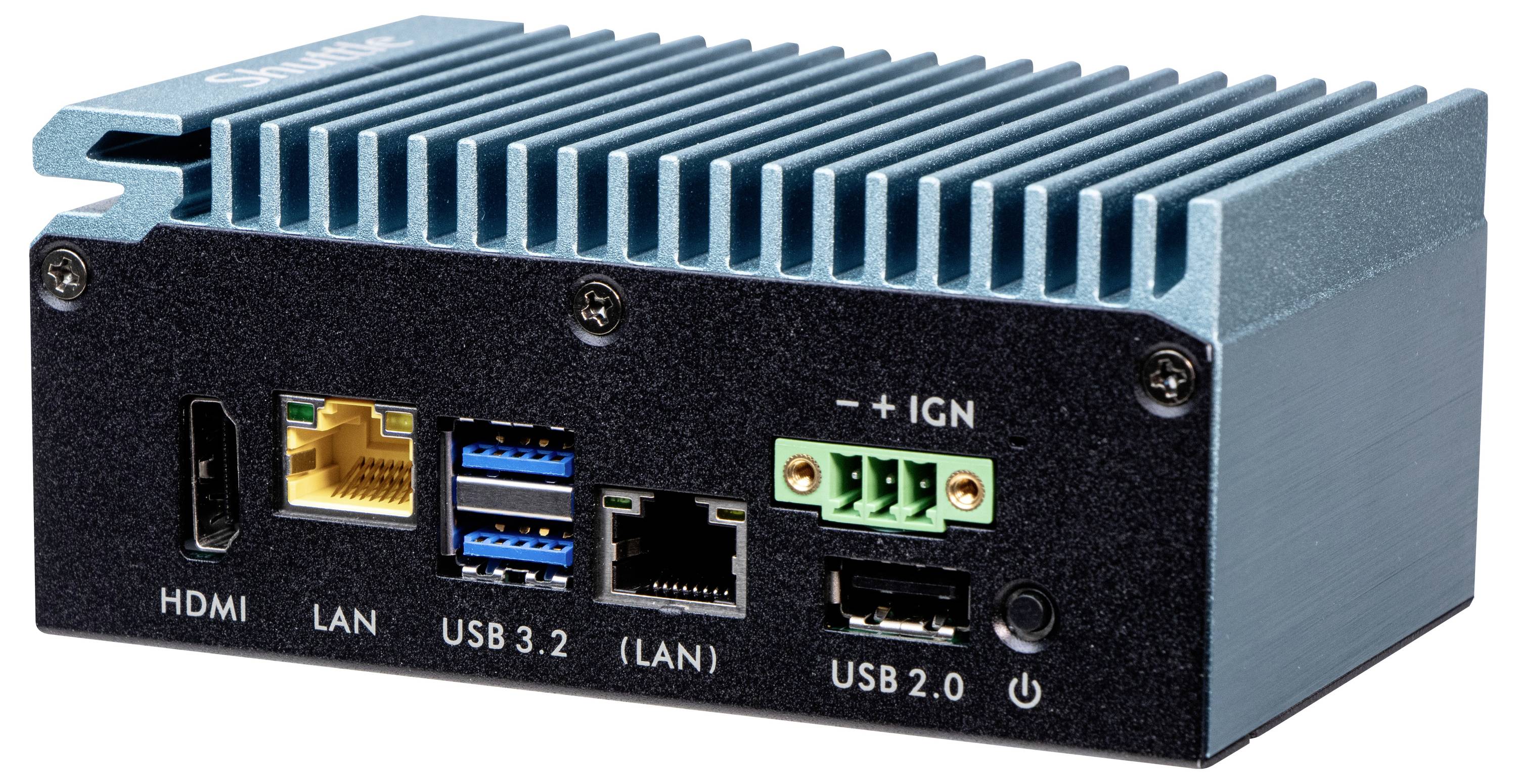 Kompaktowy, metalowy mini-komputer z HDMI, LAN, dwoma portami USB 3.2, jednym portem LAN oraz portem USB 2.0, przeznaczony do zastosowań przemysłowych.