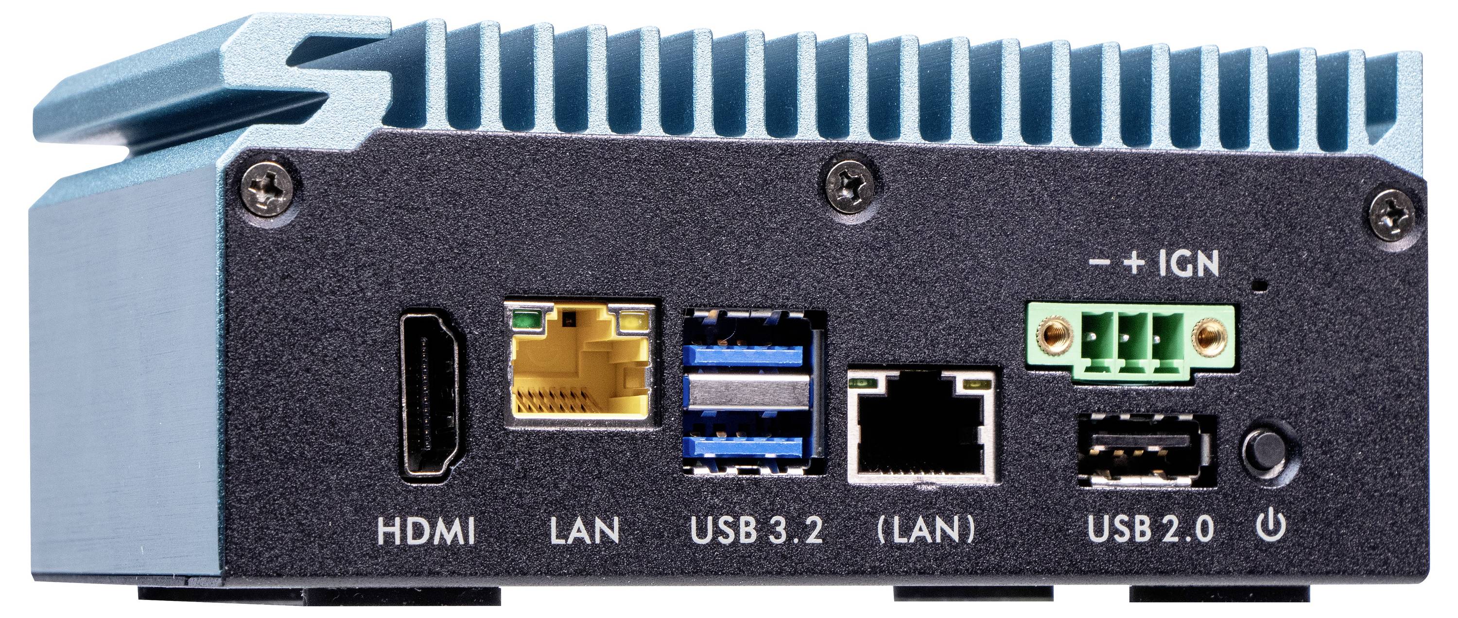 Mini-komputer z portami: HDMI, LAN, dwa USB 3.2, jeden LAN, USB 2.0 oraz zielonym złączem [+IGN].