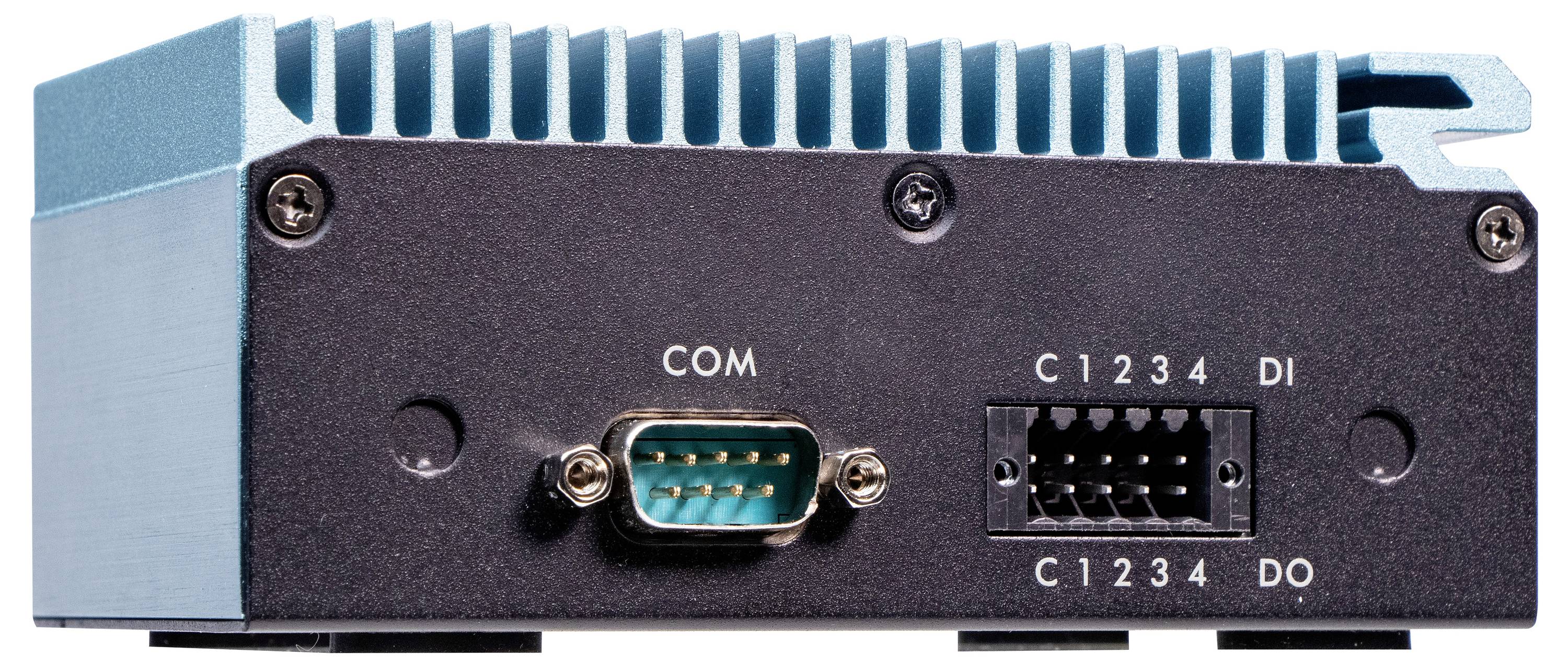 Widok z tyłu urządzenia elektronicznego z złączem COM oraz złączami C1234 DI/DO. Odpowiednie do zastosowań przemysłowych.