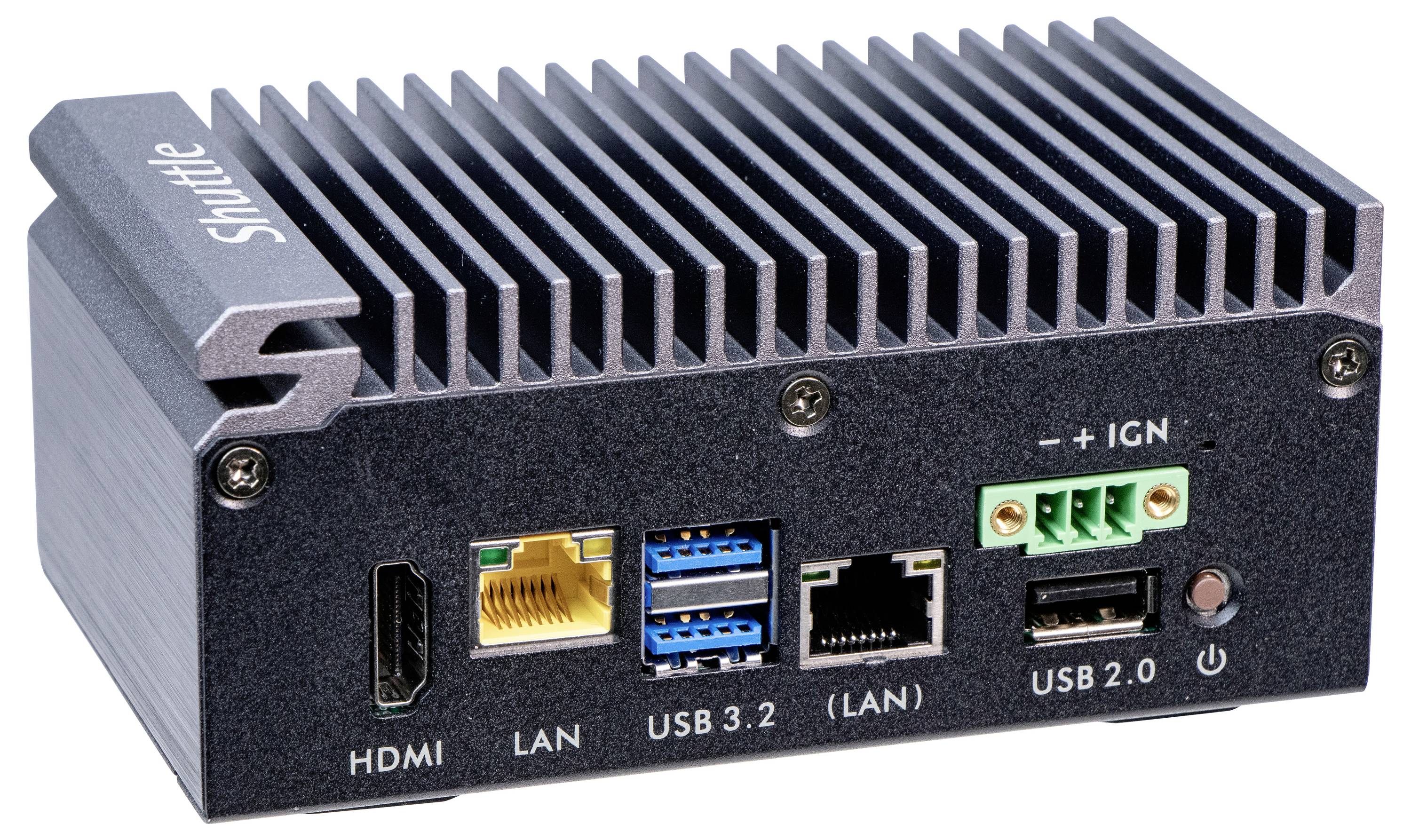 Czarny mini-komputer z aluminiowym radiatorem przedstawia złącza HDMI, LAN, USB 3.2, USB 2.0 oraz zasilania (+ IGN).