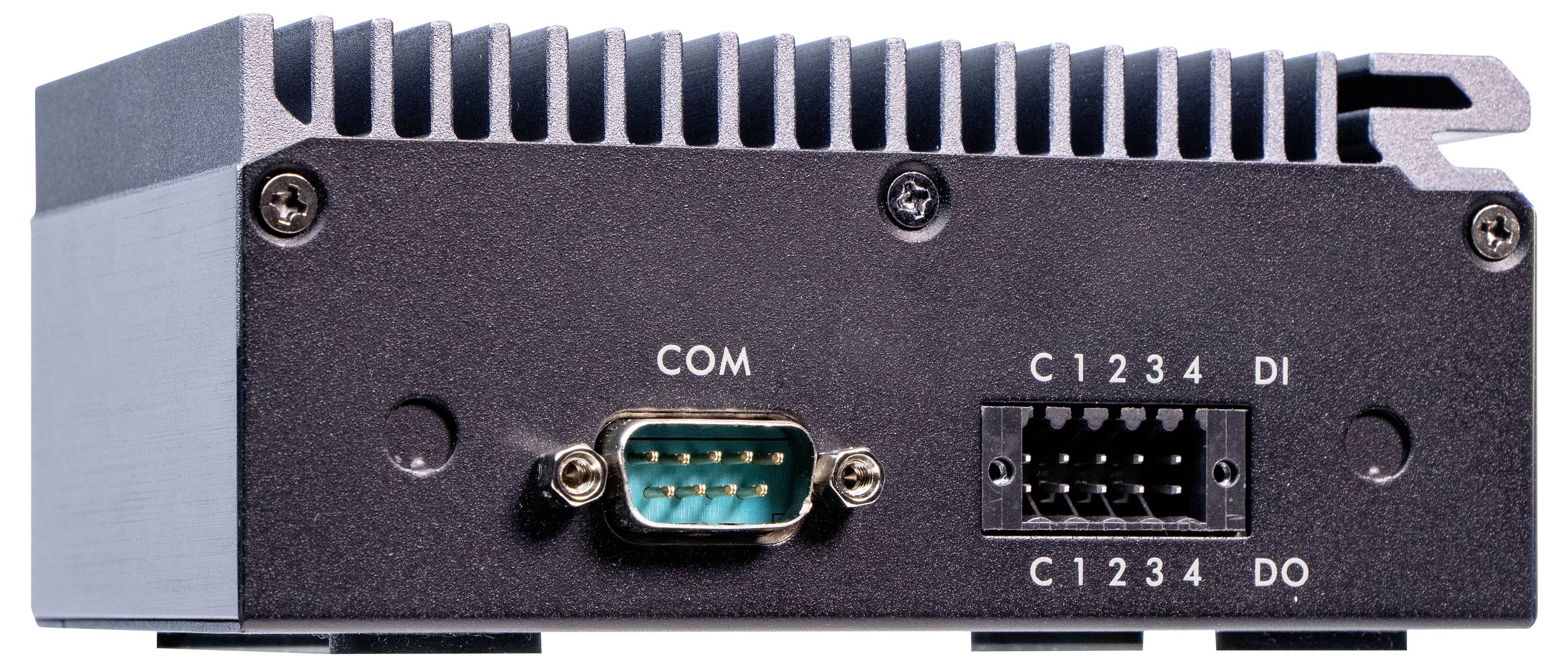 Tylna strona urządzenia elektronicznego z portem COM oraz kilkoma ponumerowanymi złączami wejścia cyfrowego (DI) i wyjścia cyfrowego (DO).