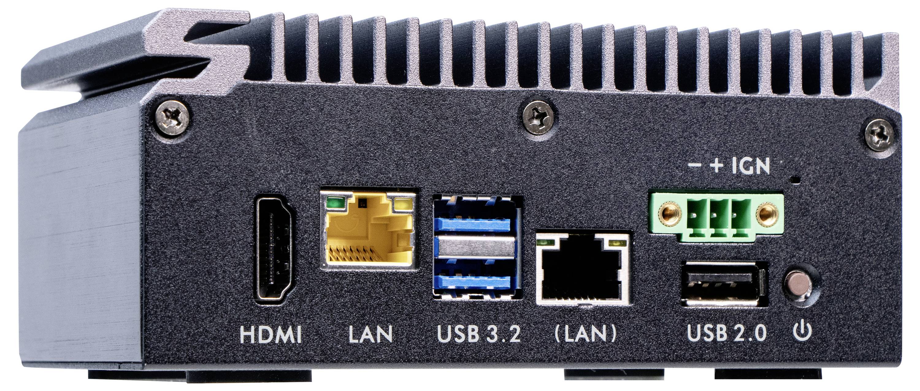 Kompaktowy komputer z widocznymi złączami: HDMI, LAN, dwa porty USB 3.2, port LAN, USB 2.0 oraz włącznik/wyłącznik