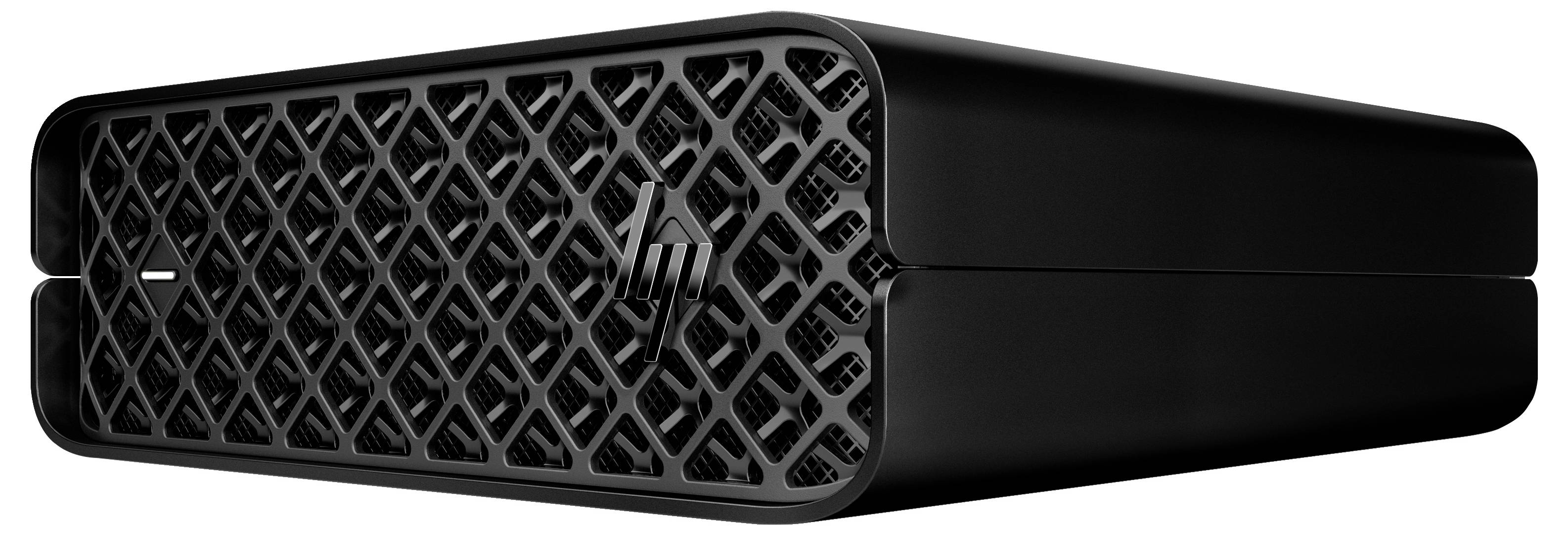 Czarny dysk zewnętrzny z strukturyzowaną siatką wentylacyjną i małym logo na przedniej stronie. Idealny do przechowywania danych.