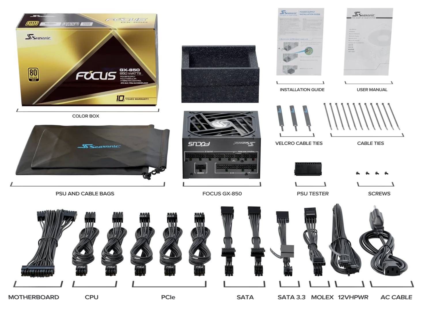 Zasilacz Seasonic Focus GX-850 z akcesoriami: jednostka zasilająca (PSU), przewody, tester, śruby. Zawiera instrukcję i torbę do przechowywania.