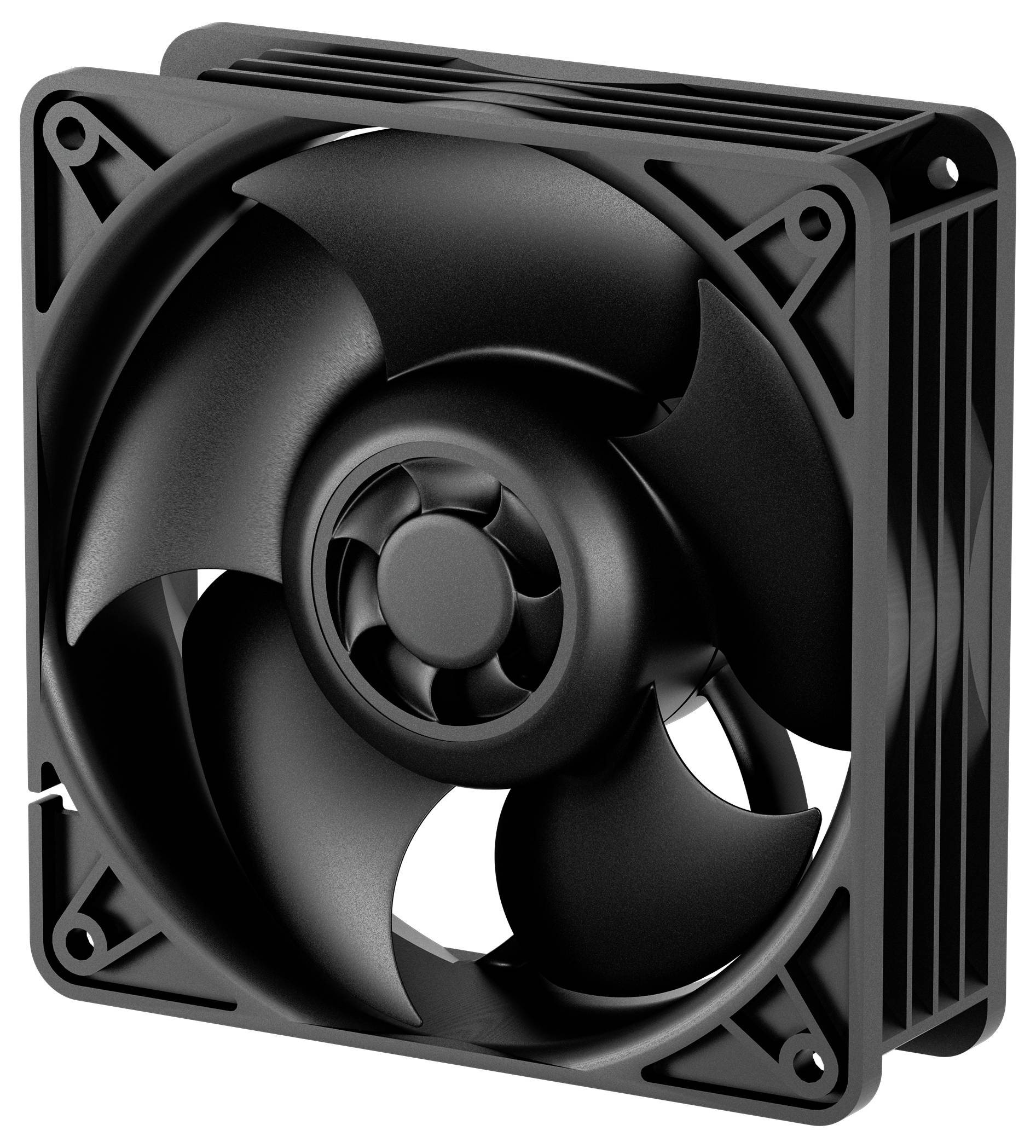 Czarny wentylator komputerowy z pięcioma łopatkami wirnika i prostokątną ramką.