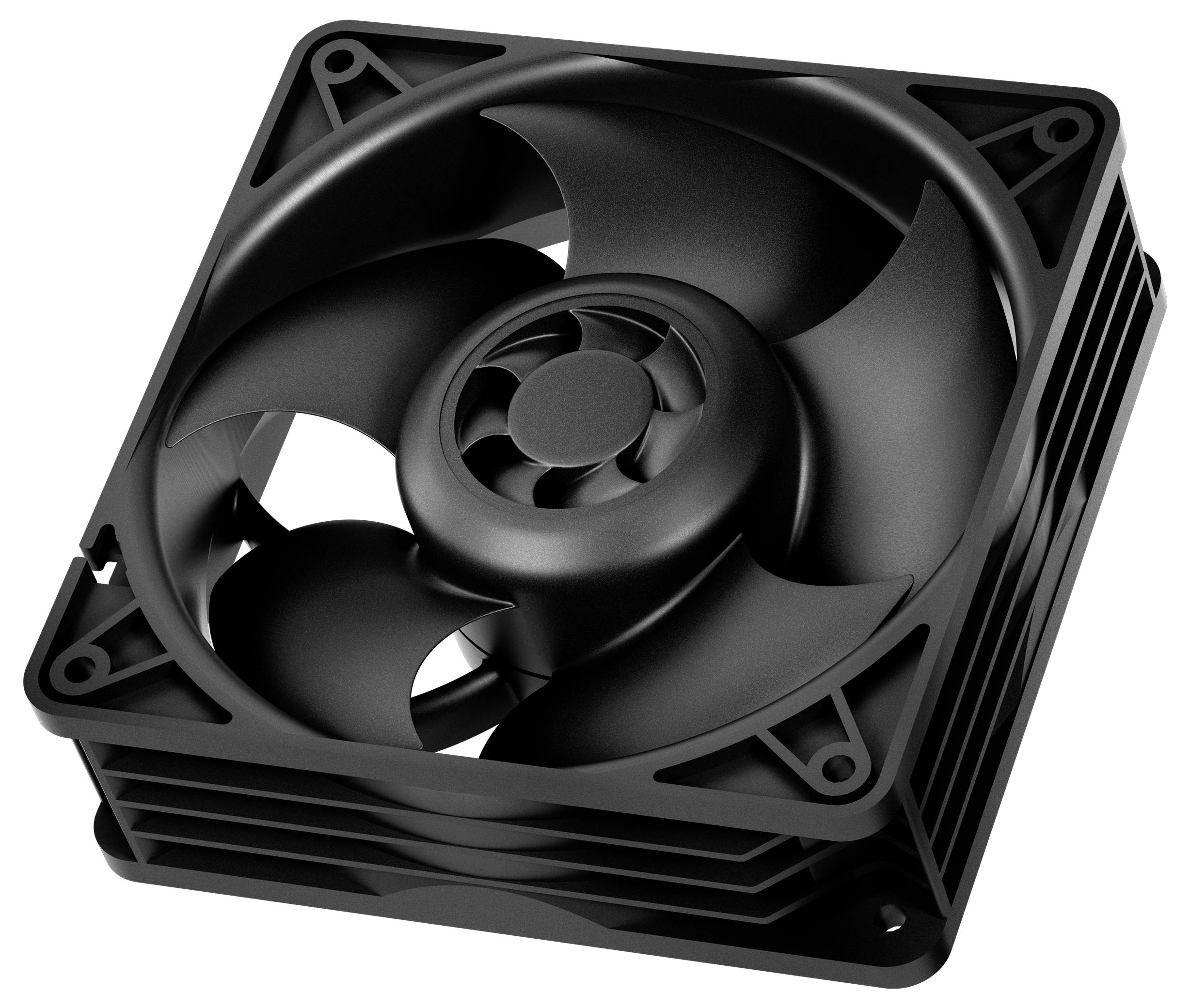 Czarny wentylator komputerowy z tworzywa sztucznego z czterema łopatkami wirnika w kwadratowej obudowie, przedstawiony z perspektywy skośnej góry.