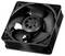 Czarny wentylator komputerowy z tworzywa sztucznego z czterema łopatkami wirnika w kwadratowej obudowie, przedstawiony z perspektywy skośnej góry.